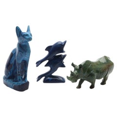 A Set Of 3 Antique Sculpture Decorative Stone Figurine of Cat Rhinoceros Dolphin