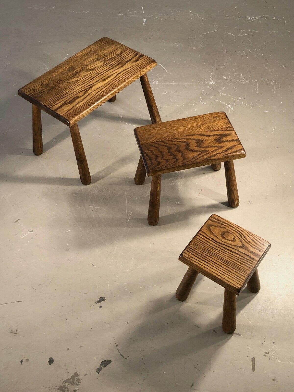 Rustic A Set of 3 BRUTALIST RUSTIC-MODERN Gigogne TABLES in MAROLLES Style, France 1950