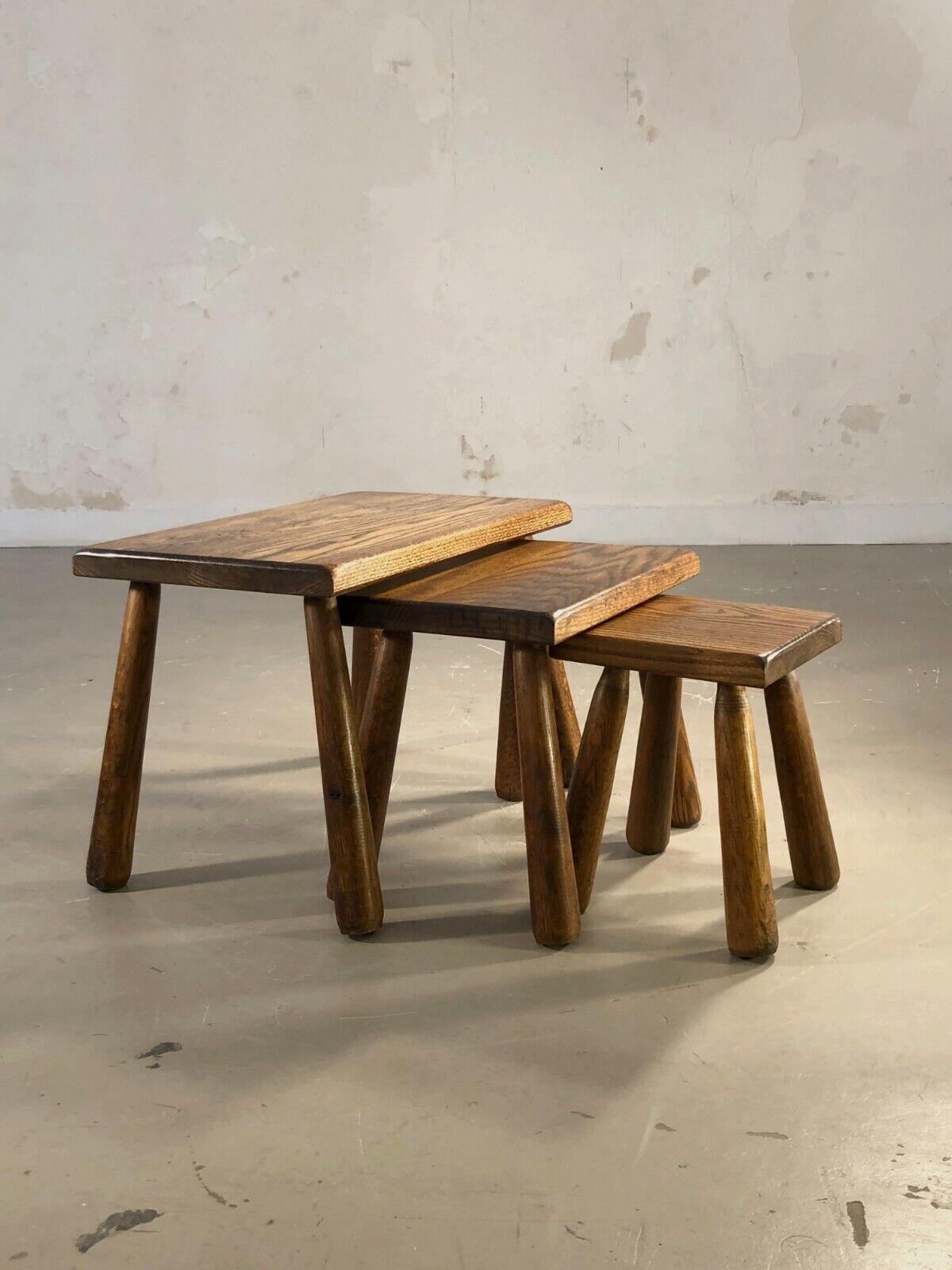 French A Set of 3 BRUTALIST RUSTIC-MODERN Gigogne TABLES in MAROLLES Style, France 1950