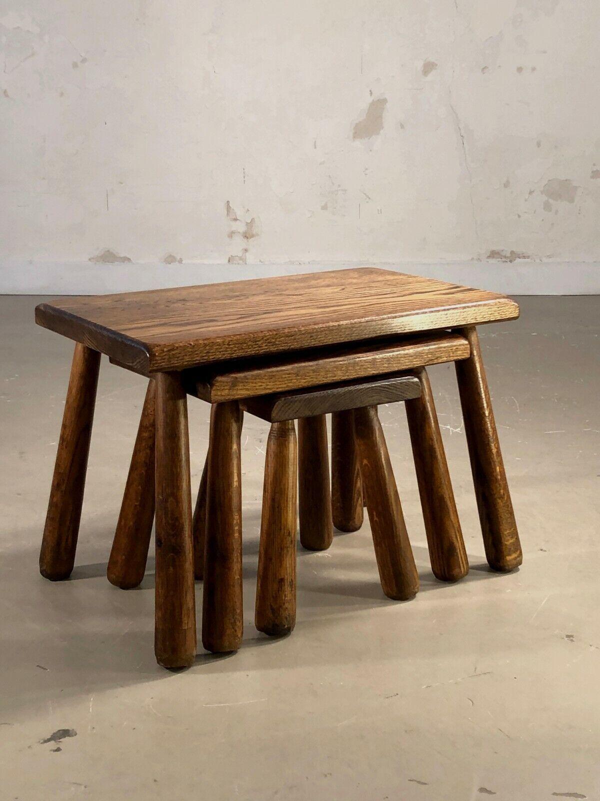 A Set of 3 BRUTALIST RUSTIC-MODERN Gigogne TABLES in MAROLLES Style, France 1950 In Good Condition In PARIS, FR