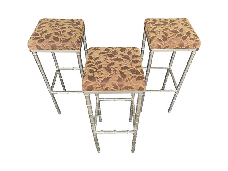 Set of 3 French 1960s Faux Bamboo Chrome Barstools with Original Leaf Fabric For Sale 4