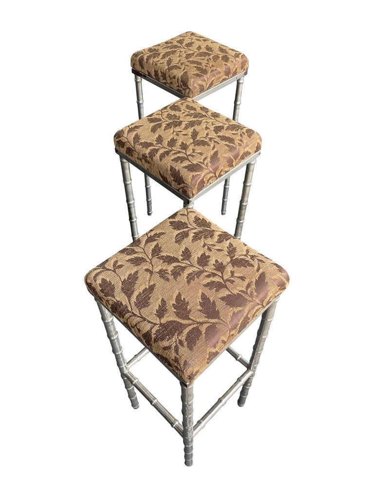 Set of 3 French 1960s Faux Bamboo Chrome Barstools with Original Leaf Fabric For Sale 5