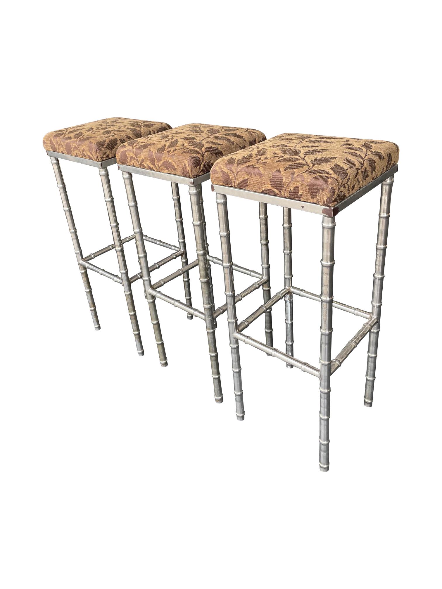 Mid-Century Modern Set of 3 French 1960s Faux Bamboo Chrome Barstools with Original Leaf Fabric