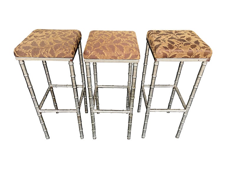 Set of 3 French 1960s Faux Bamboo Chrome Barstools with Original Leaf Fabric In Good Condition For Sale In London, GB