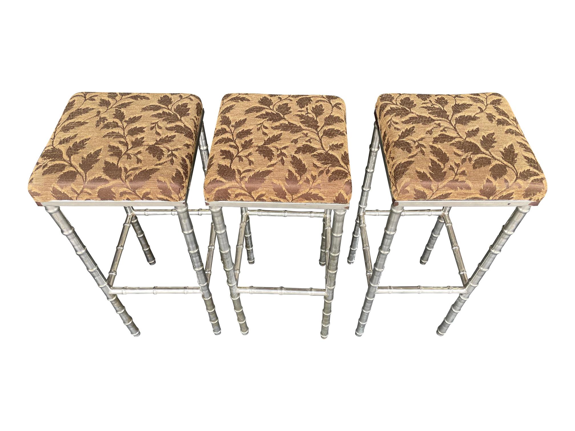 Mid-20th Century Set of 3 French 1960s Faux Bamboo Chrome Barstools with Original Leaf Fabric