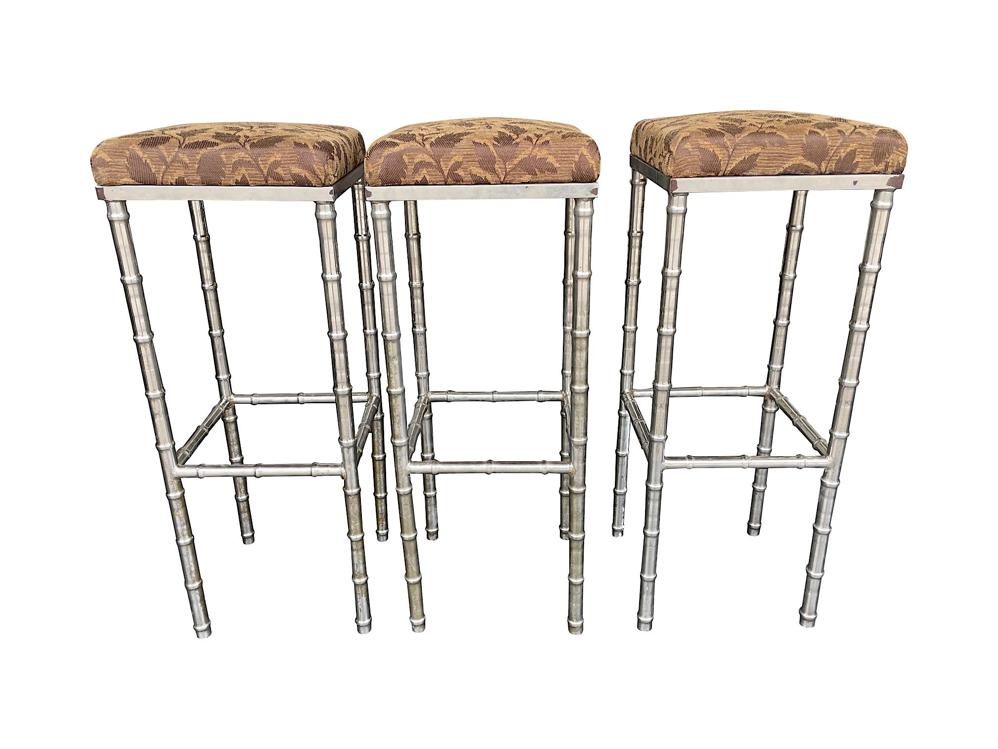 Metal Set of 3 French 1960s Faux Bamboo Chrome Barstools with Original Leaf Fabric