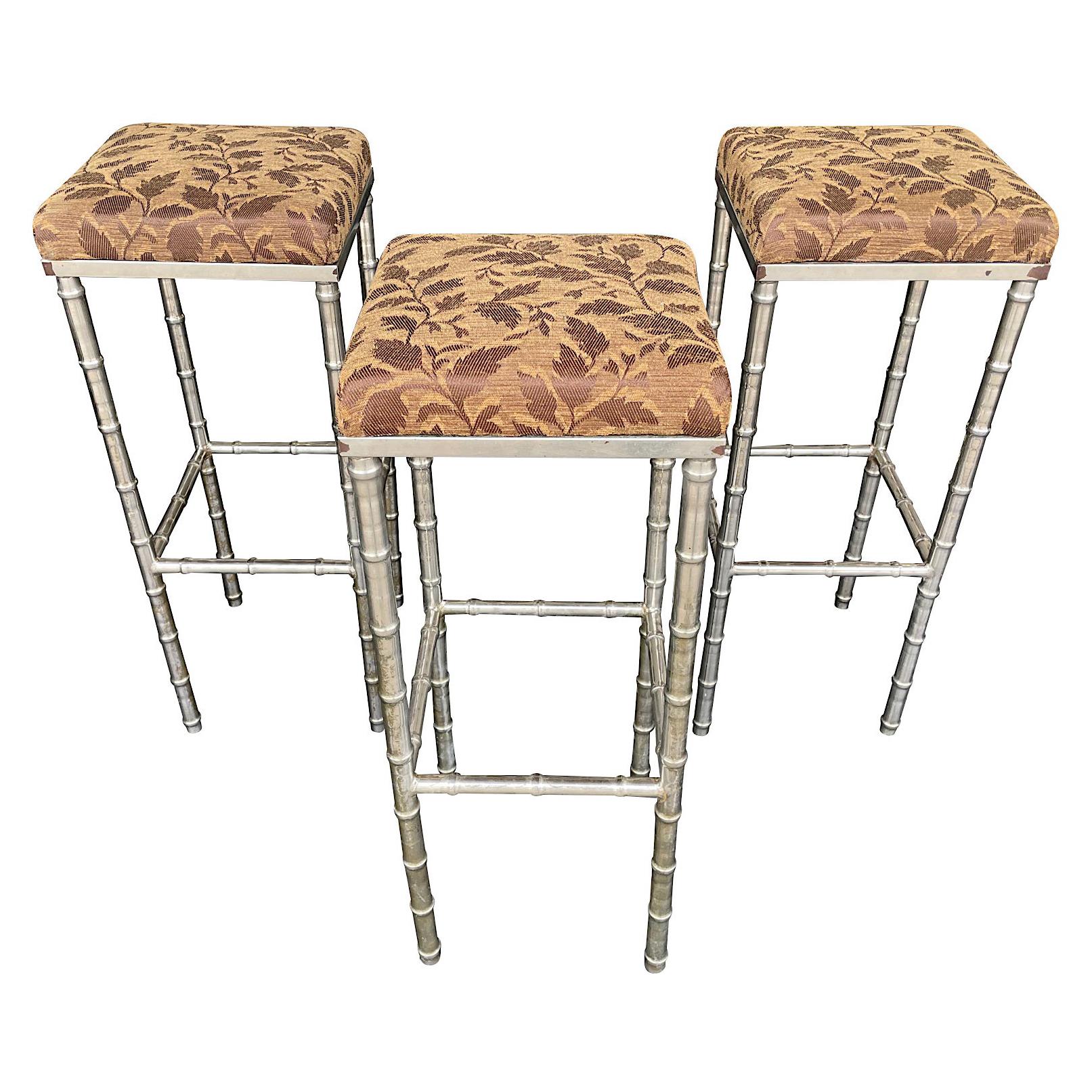 Set of 3 French 1960s Faux Bamboo Chrome Barstools with Original Leaf Fabric