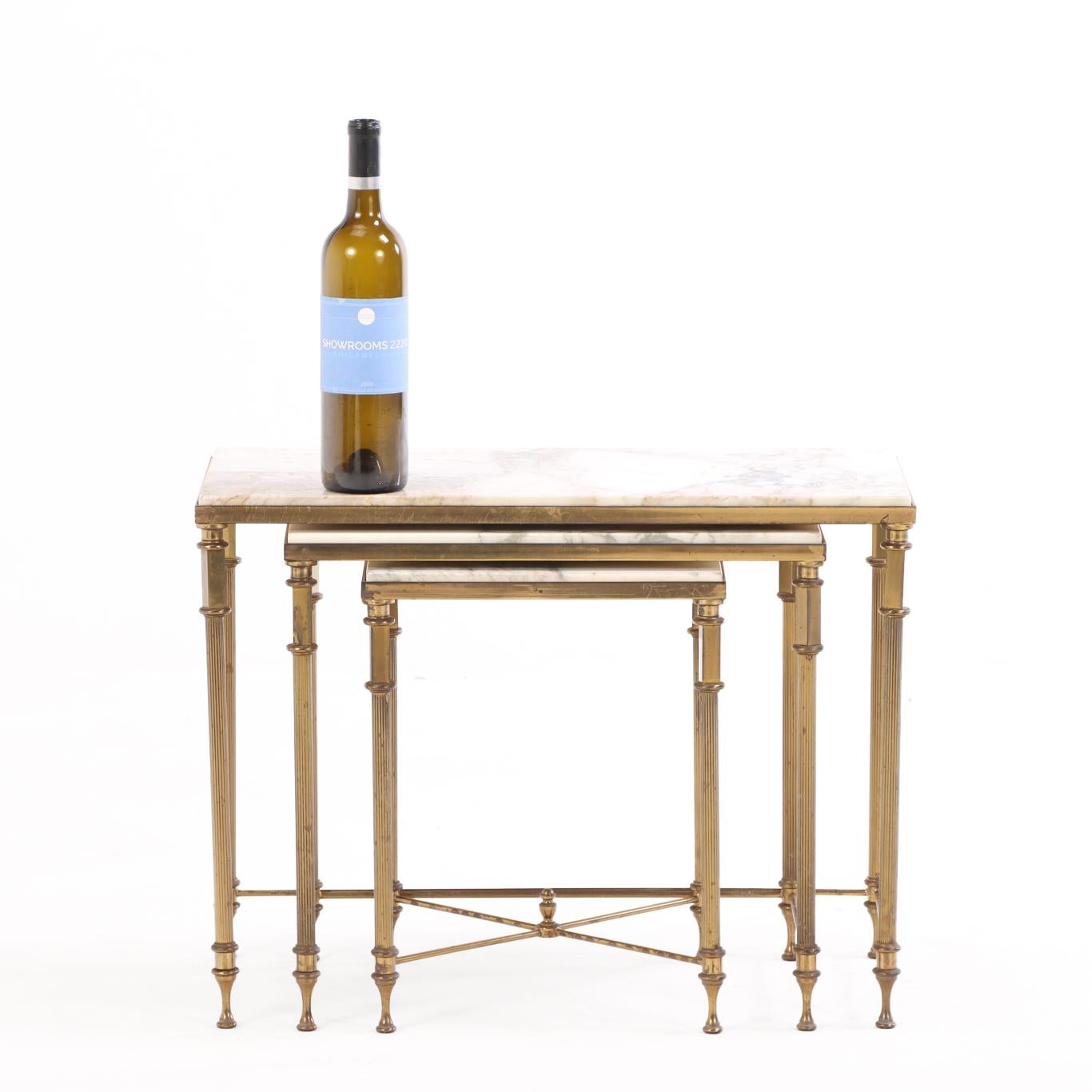 20th Century A Set of 3 French Brass & Marble Nesting Tables — Directoire Style, C. 1950 For Sale