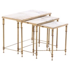 A Set of 3 French Brass & Marble Nesting Tables — Directoire Style, C. 1950