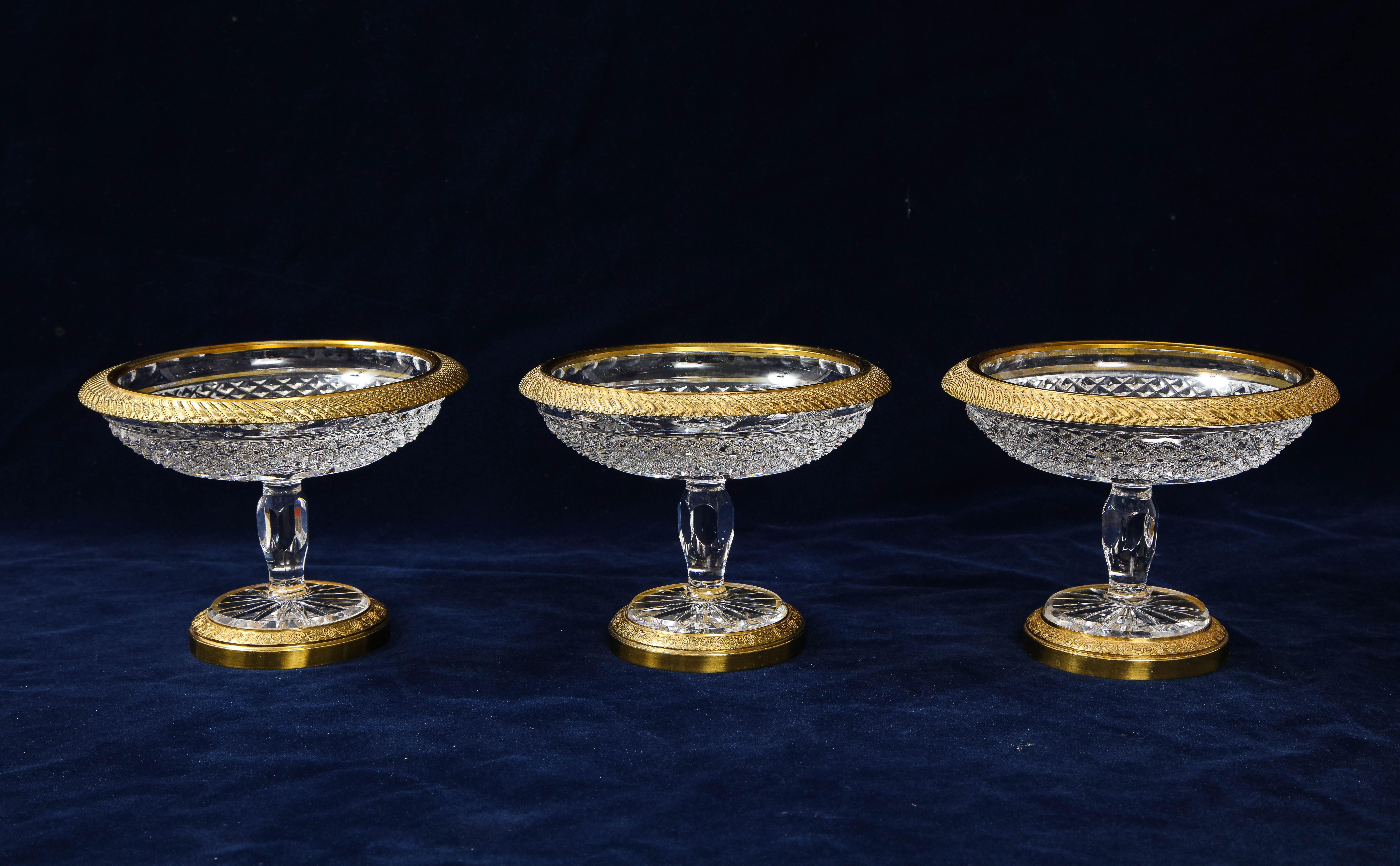 Louis XVI Set of 3 French Dore Bronze Mounted Baccarat Crystal Candy Bowls For Sale