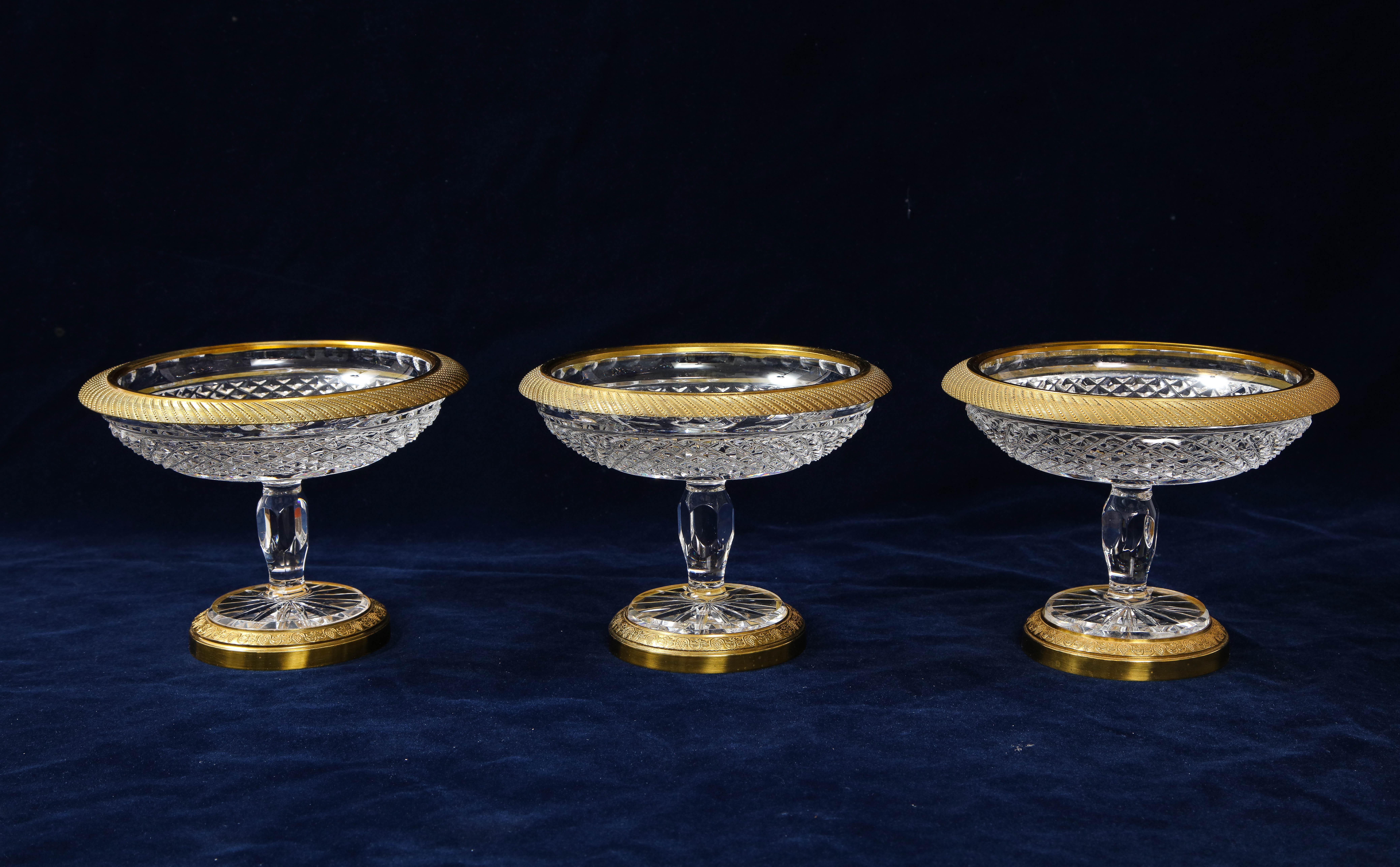 Louis XVI Set of 3 French Dore Bronze Mounted Baccarat Crystal Candy Bowls