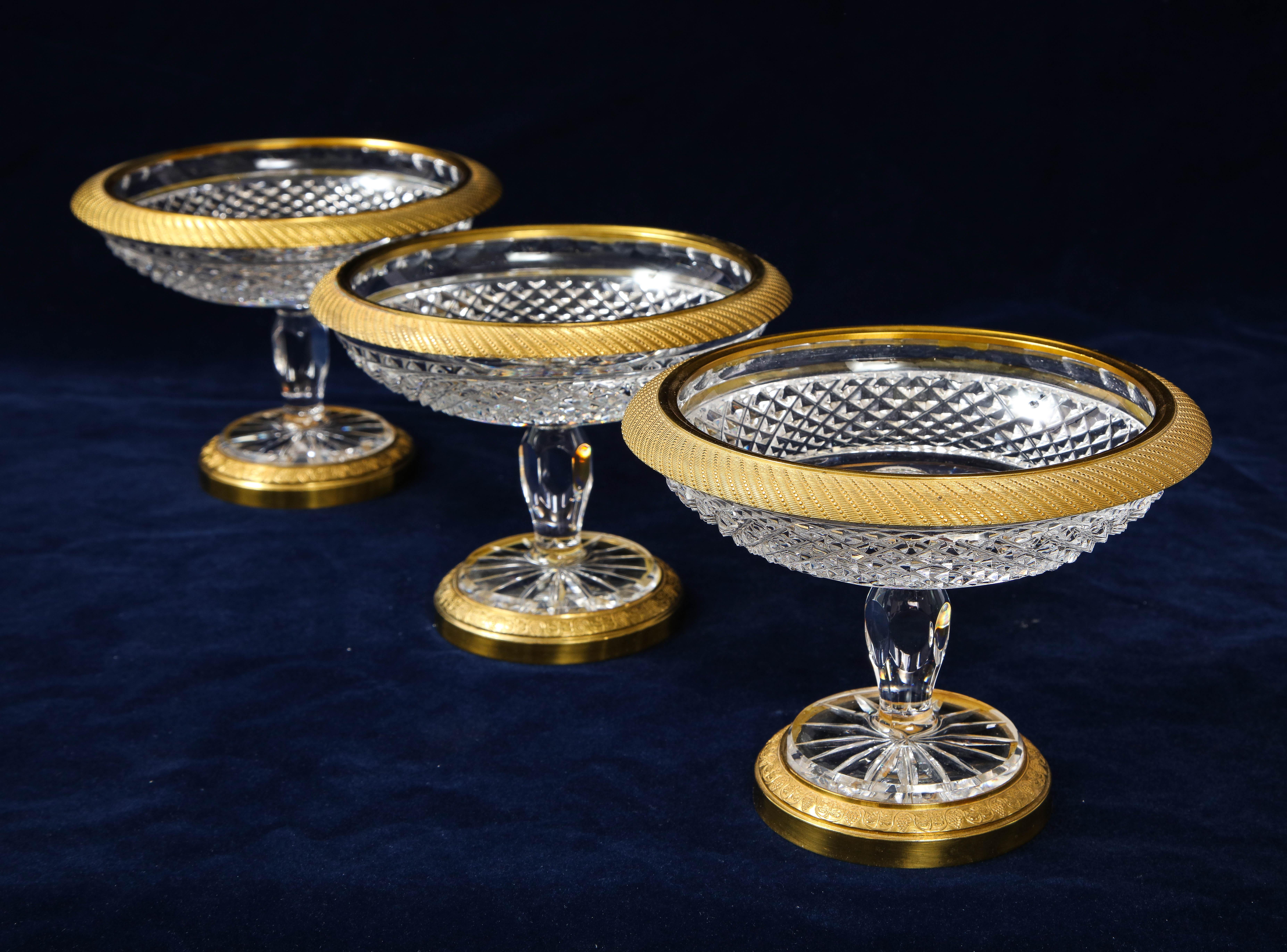Hand-Carved Set of 3 French Dore Bronze Mounted Baccarat Crystal Candy Bowls For Sale