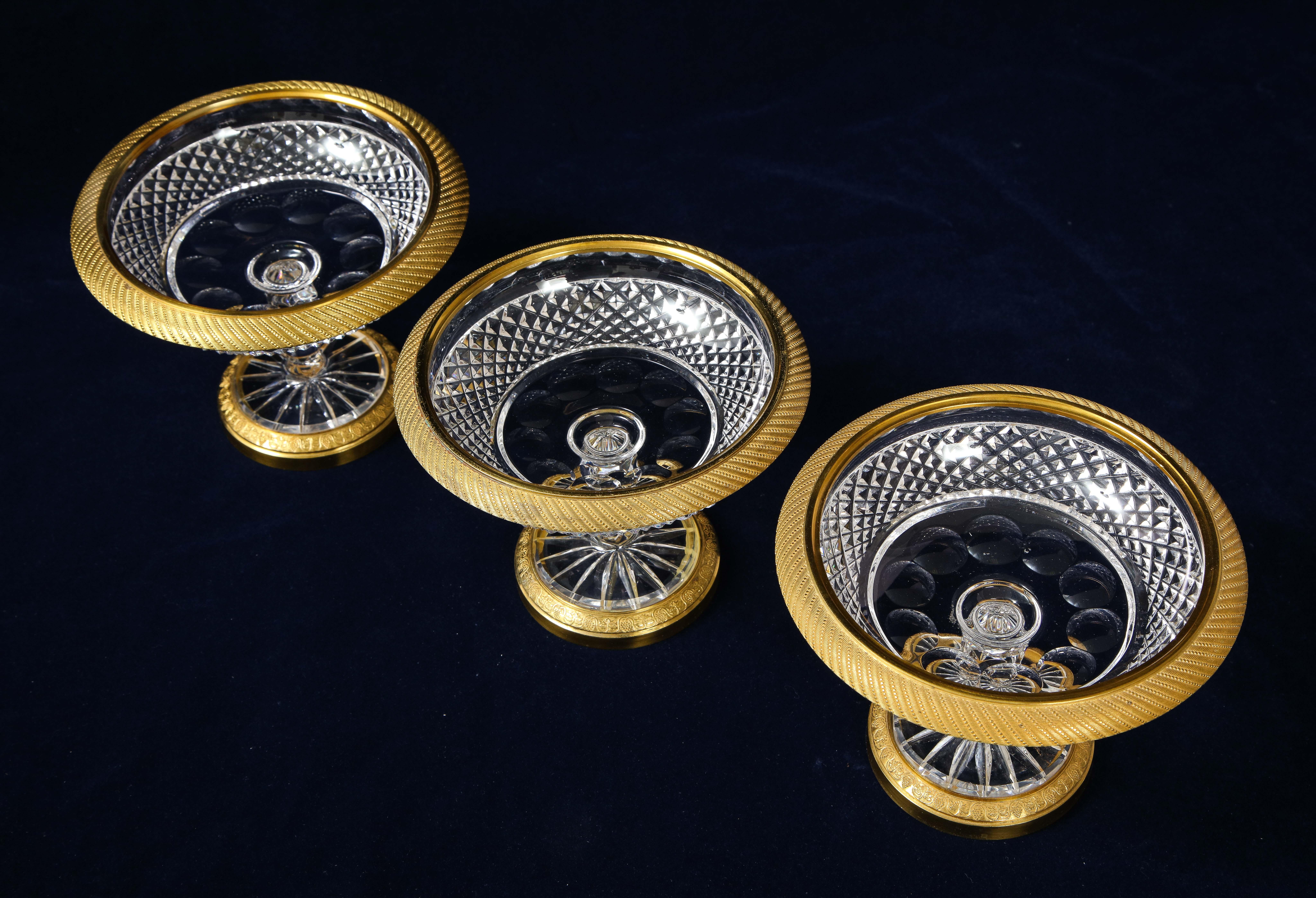 Mid-19th Century Set of 3 French Dore Bronze Mounted Baccarat Crystal Candy Bowls For Sale