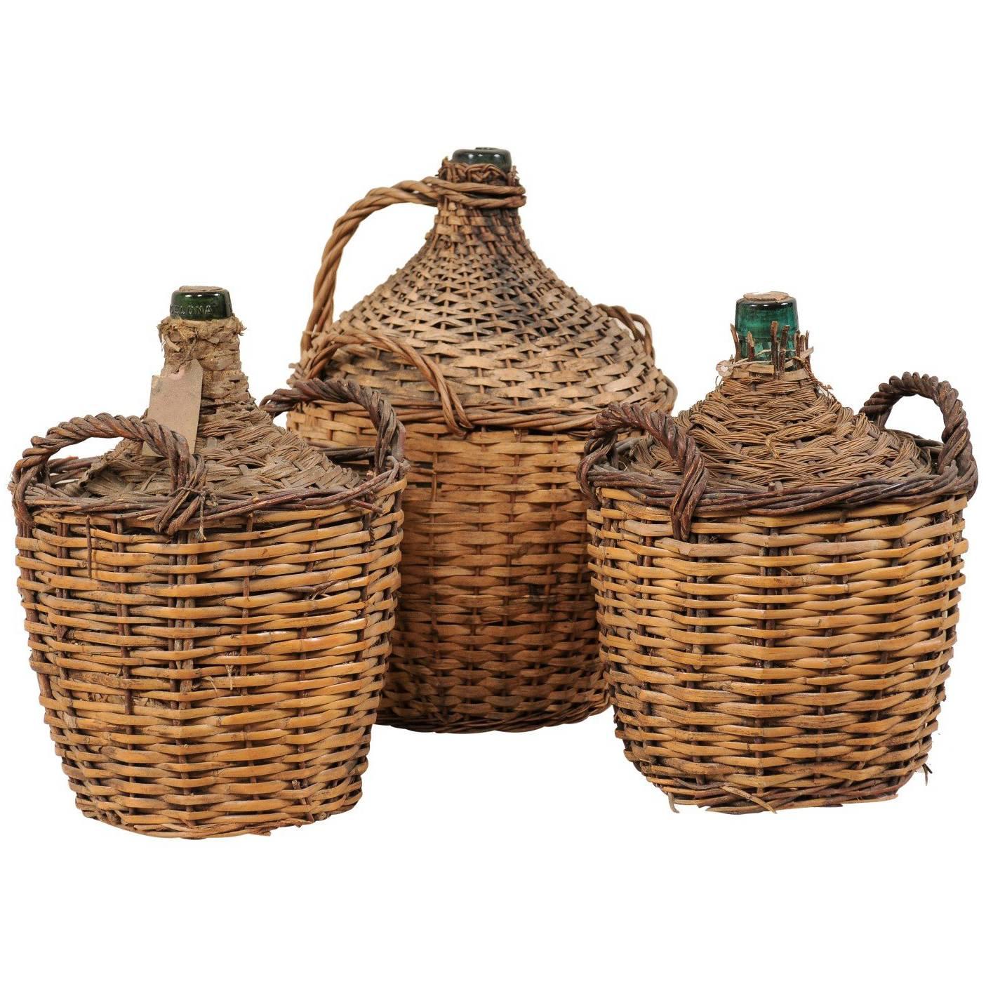 Set of Three French Midcentury Vintner Woven Baskets with Demijohn Wine Bottles For Sale