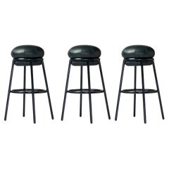A Set Of 3 Grasso Bar Stool With Black Steel Painted Framed With Green Leather 