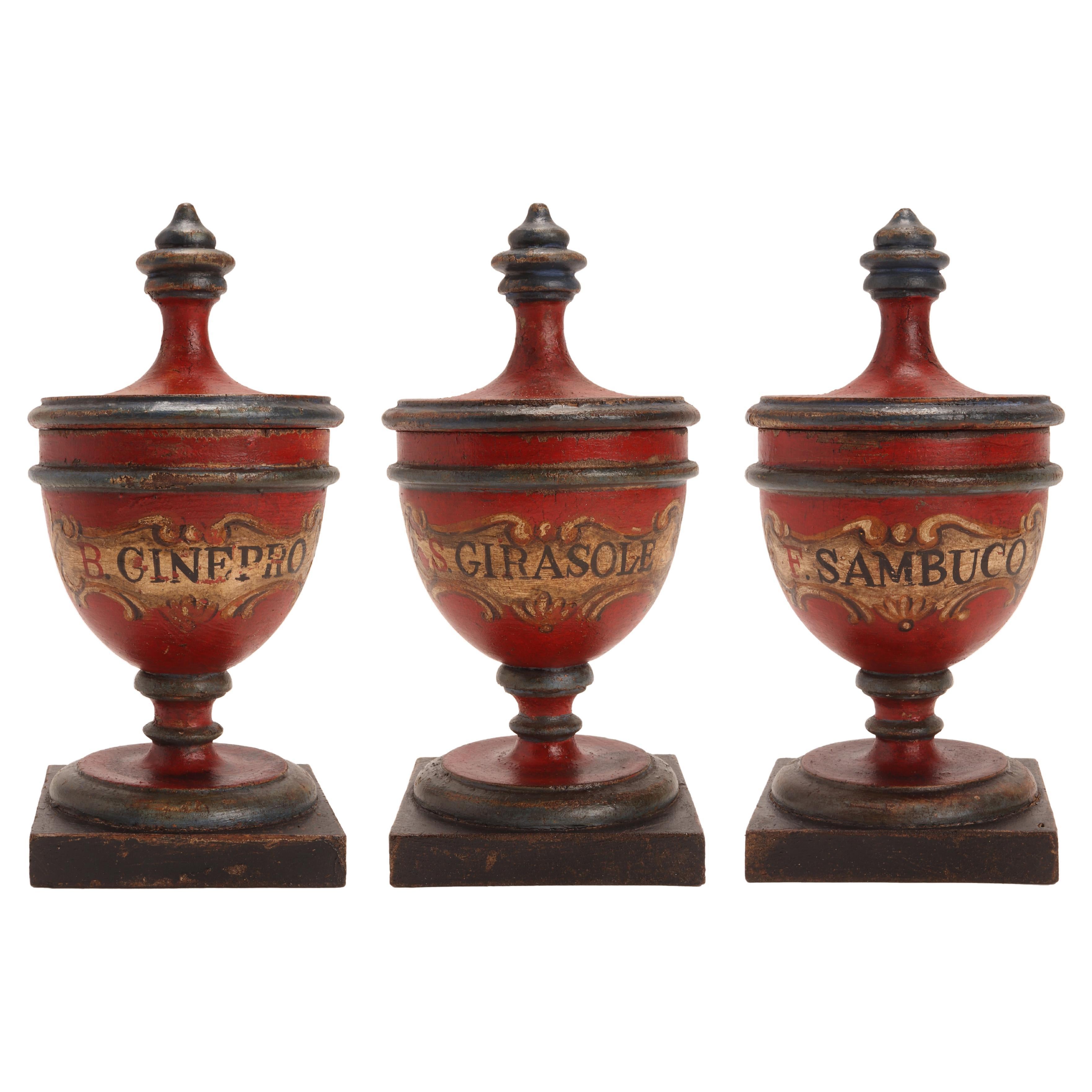 Set of 3 Herbalist Pharmacy Wooden Jars, Italy 1880