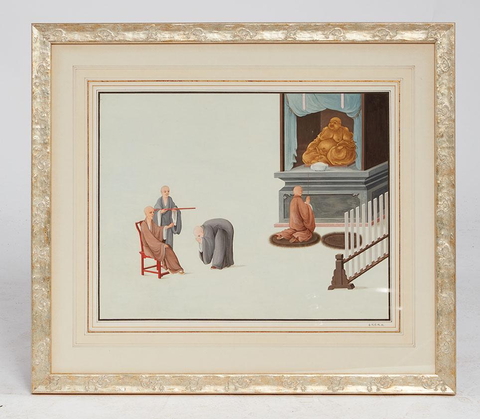 Chacune d'entre elles date de la dynastie Qing et représente une scène de cour réalisée à la gouache sur papier, avec des descriptions en bas à droite. Le tout dans des cadres en argent sculpté et doré. 19e siècle, en bon état.
Taille de l'image :