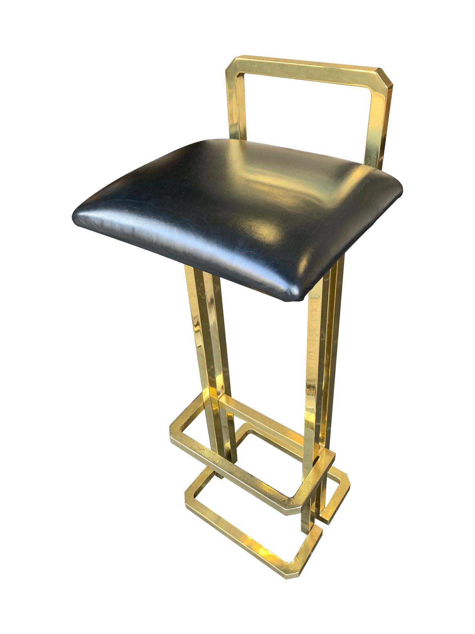 Set of 3 Maison Jansen Style Gilt Metal Stools with Black Leather Seat Pads For Sale 6