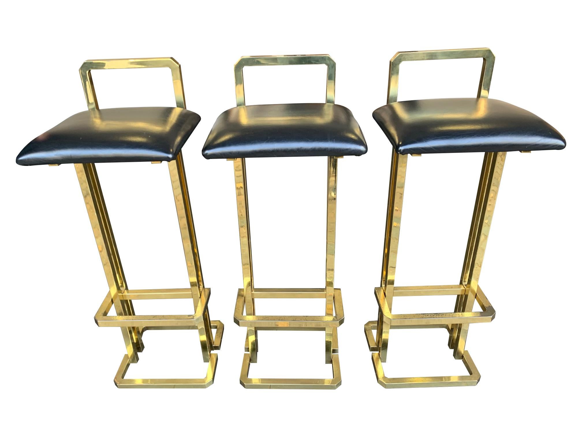 Set of 3 Maison Jansen Style Gilt Metal Stools with Black Leather Seat Pads For Sale 7