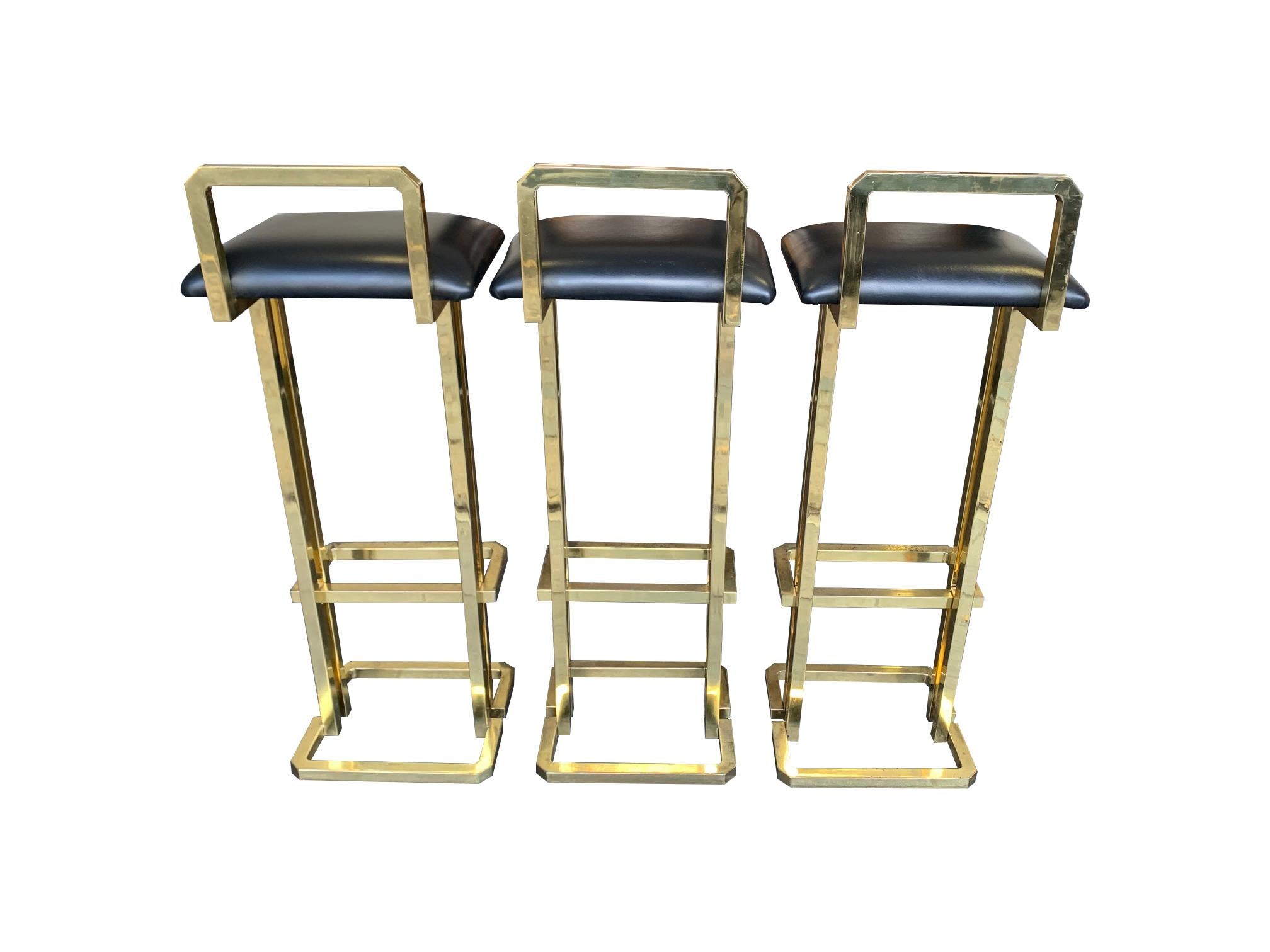 Set of 3 Maison Jansen Style Gilt Metal Stools with Black Leather Seat Pads For Sale 8