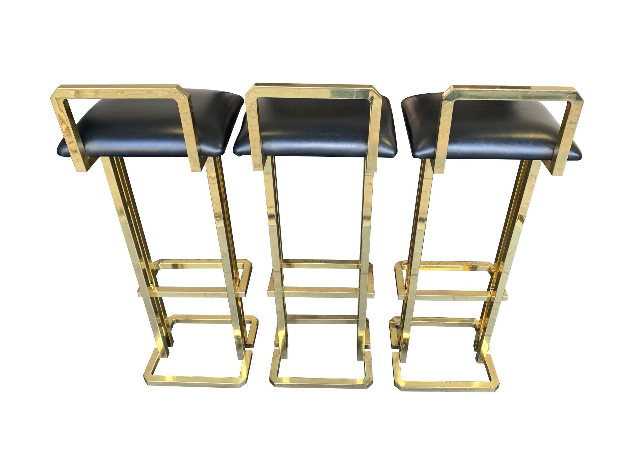 Set of 3 Maison Jansen Style Gilt Metal Stools with Black Leather Seat Pads For Sale 9