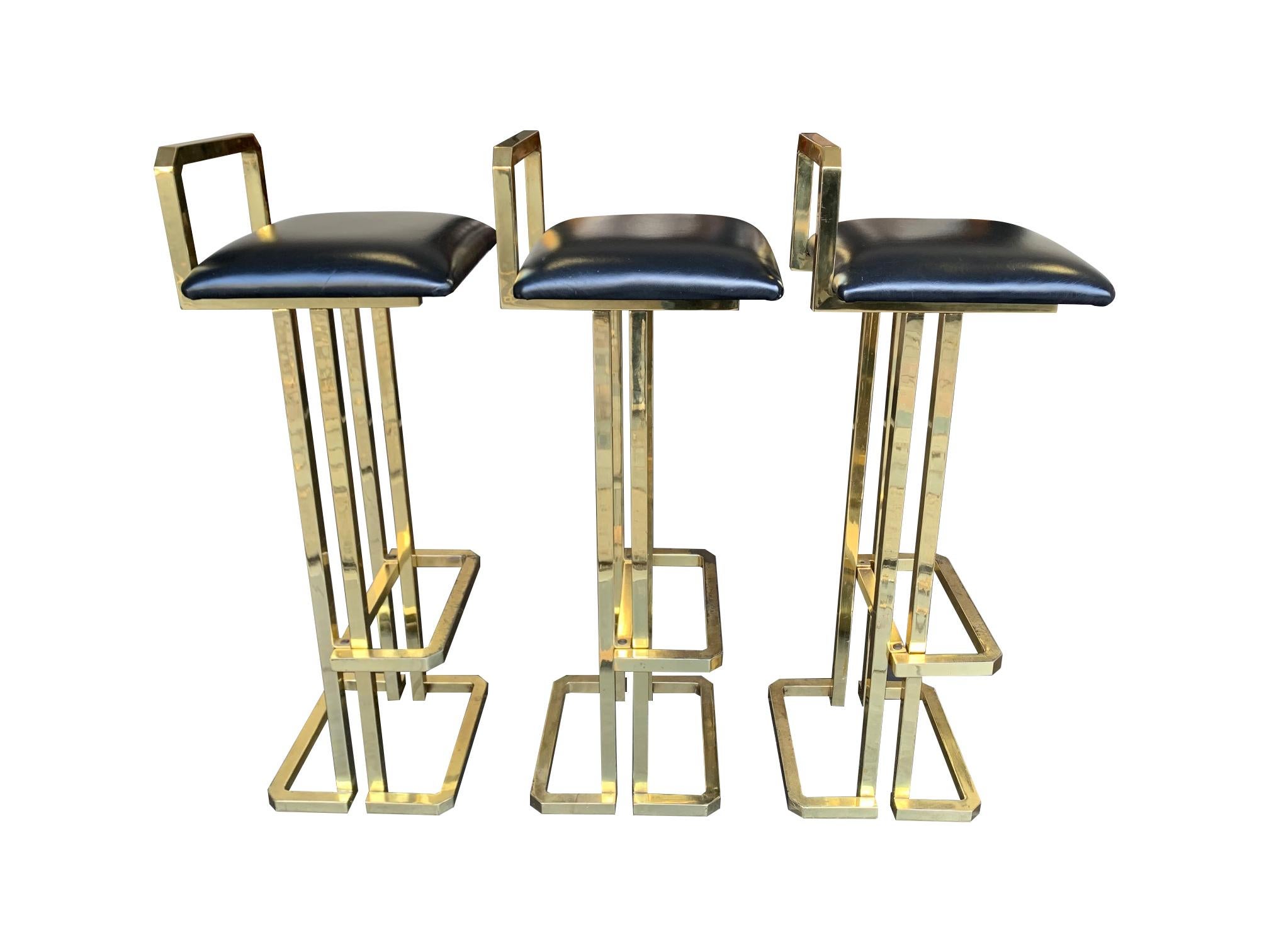 Set of 3 Maison Jansen Style Gilt Metal Stools with Black Leather Seat Pads For Sale 10