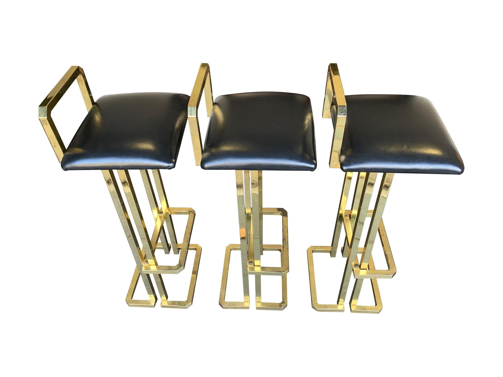 Set of 3 Maison Jansen Style Gilt Metal Stools with Black Leather Seat Pads For Sale 11