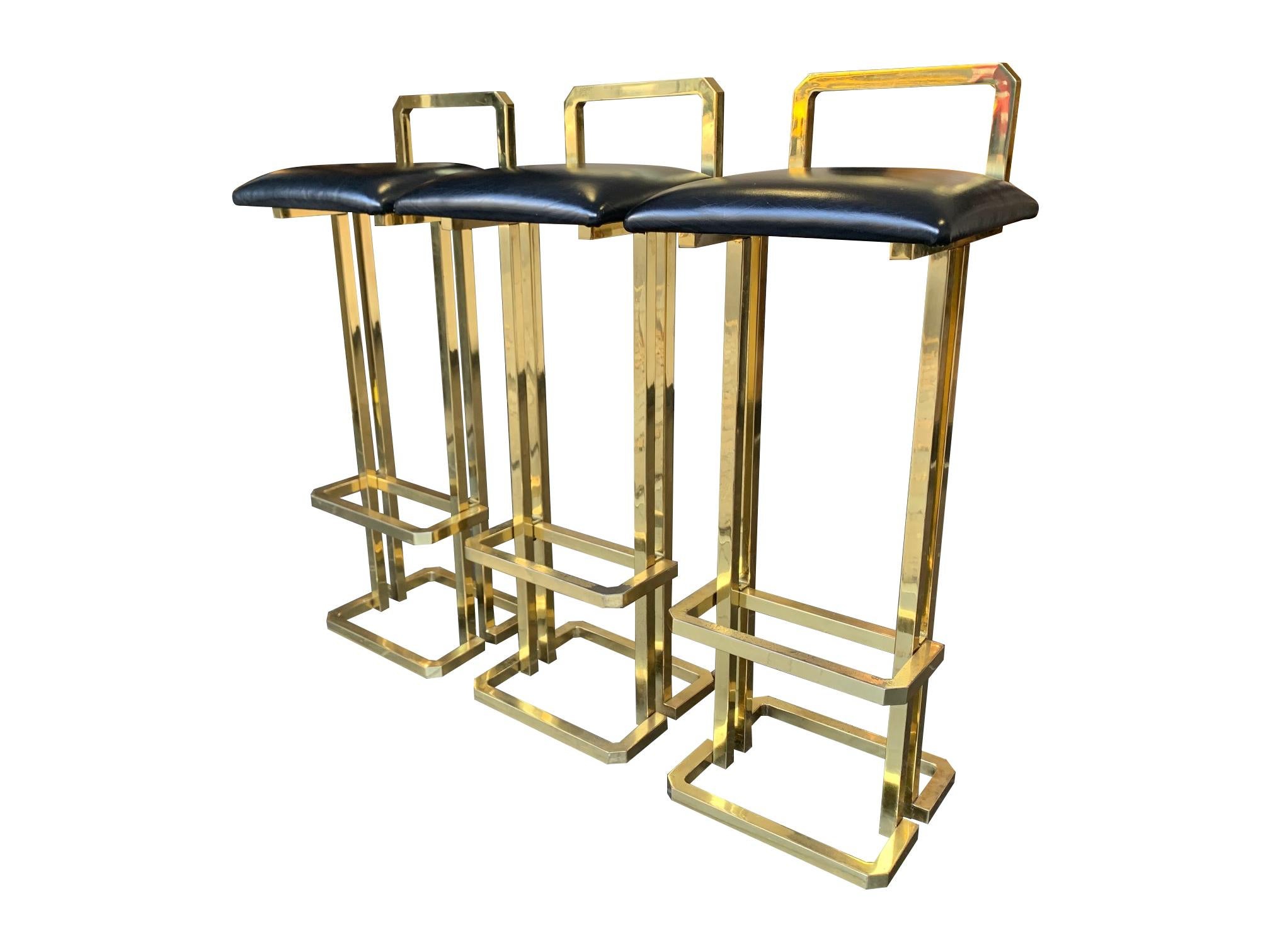 Set of 3 Maison Jansen Style Gilt Metal Stools with Black Leather Seat Pads For Sale 12