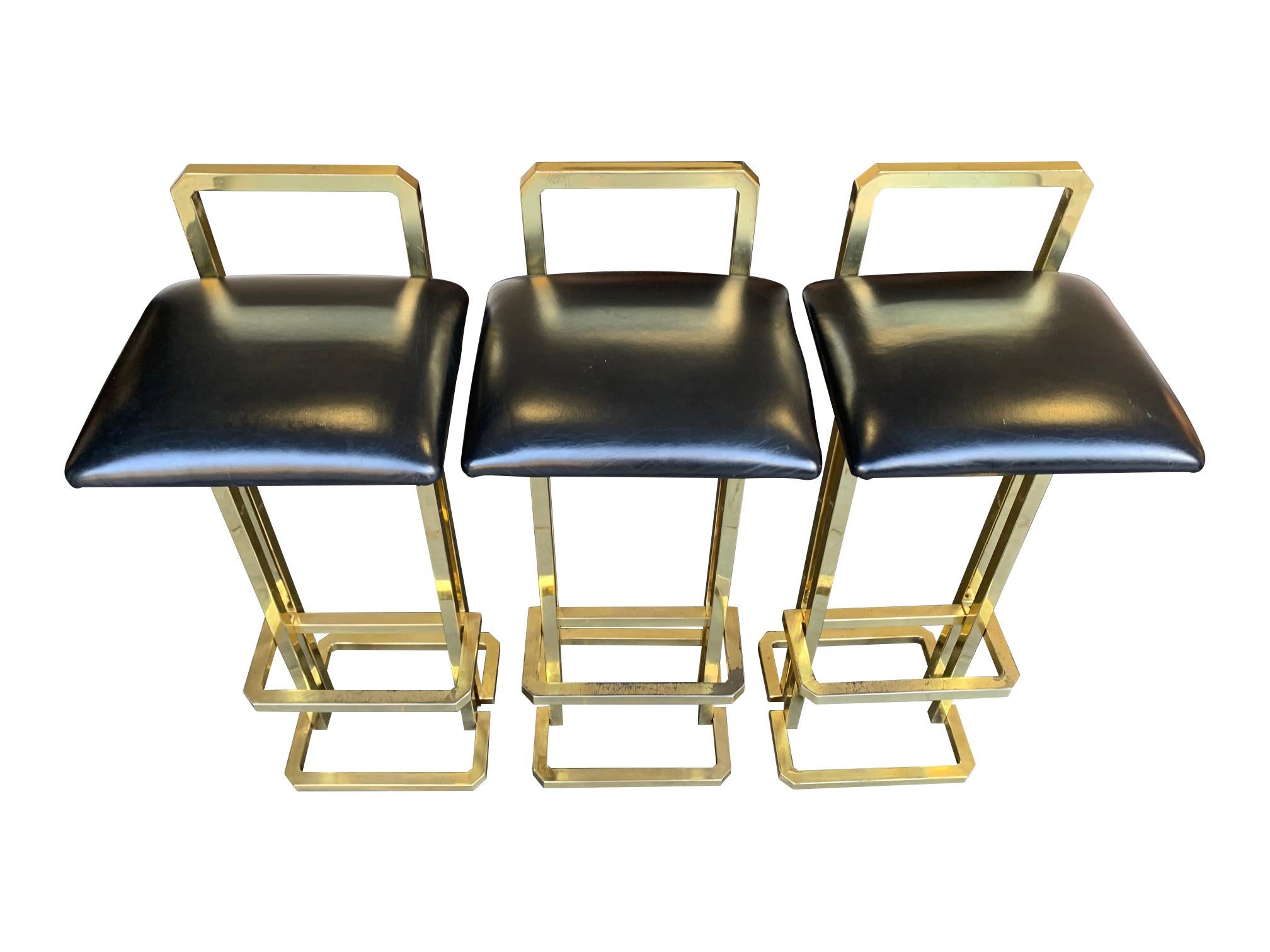 Set of 3 Maison Jansen Style Gilt Metal Stools with Black Leather Seat Pads For Sale 13