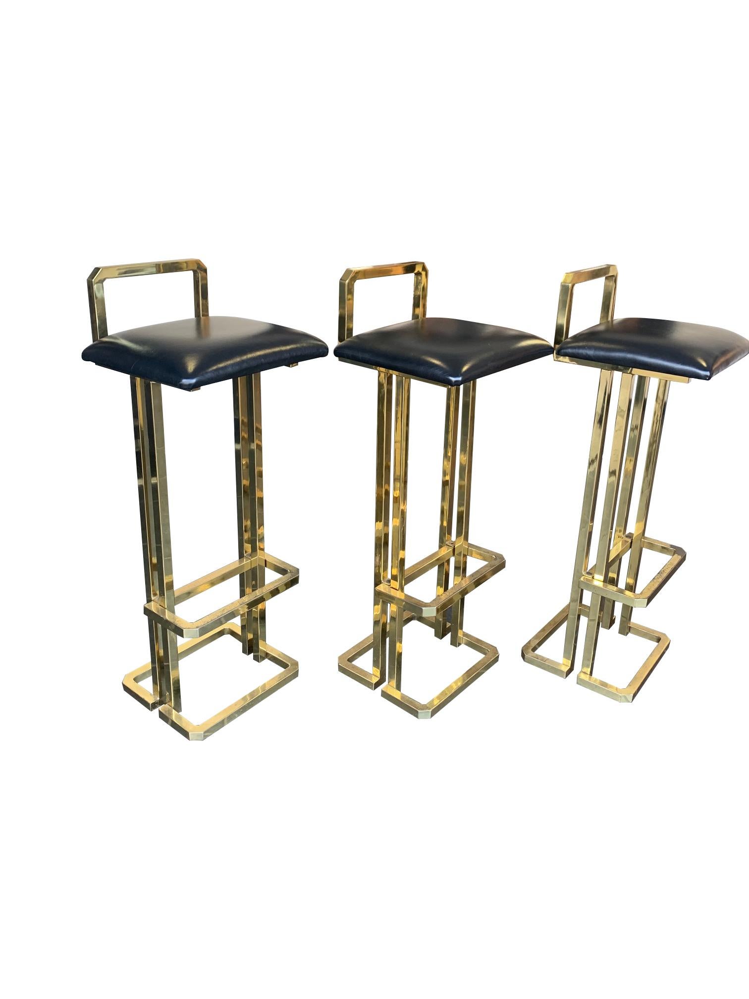 Mid-Century Modern Set of 3 Maison Jansen Style Gilt Metal Stools with Black Leather Seat Pads