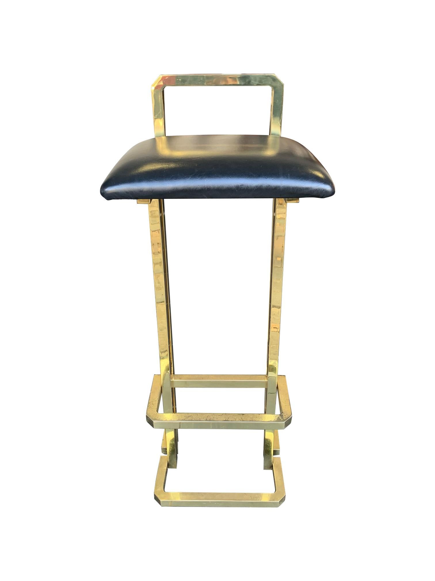 French Set of 3 Maison Jansen Style Gilt Metal Stools with Black Leather Seat Pads For Sale