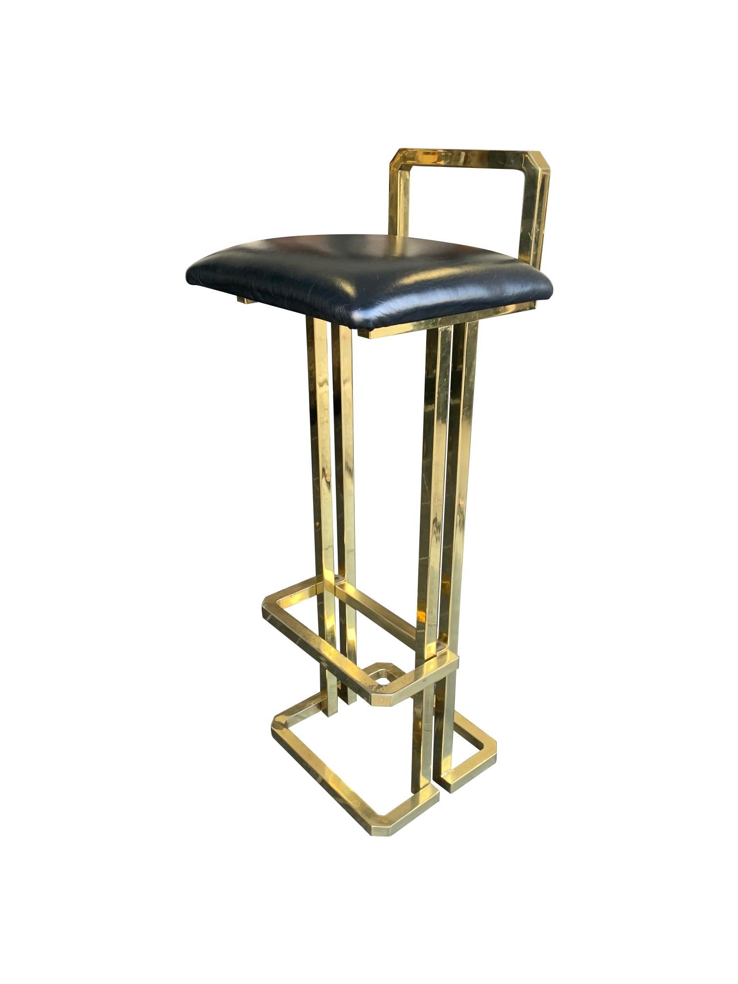 Set of 3 Maison Jansen Style Gilt Metal Stools with Black Leather Seat Pads In Good Condition For Sale In London, GB