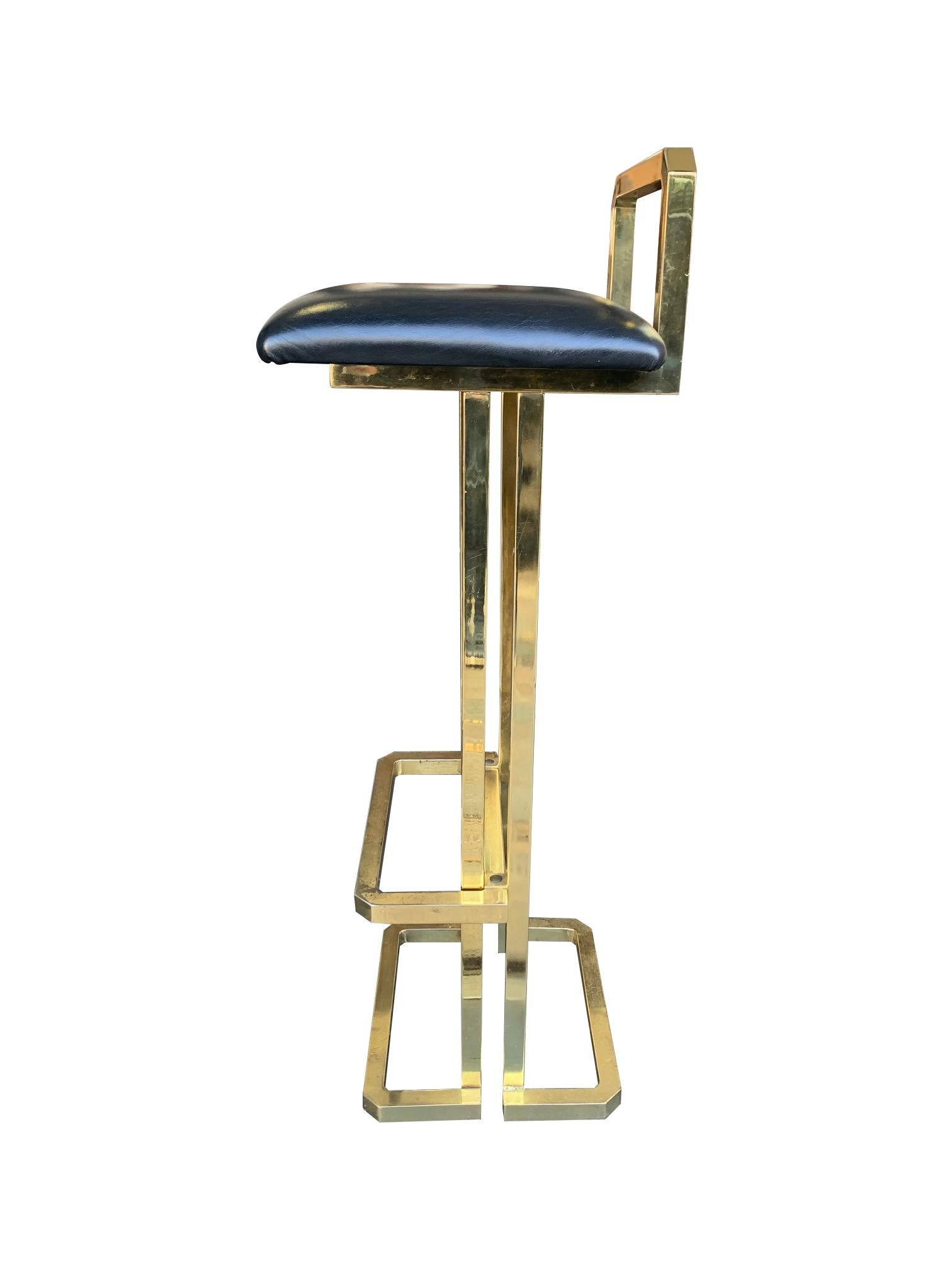 Late 20th Century Set of 3 Maison Jansen Style Gilt Metal Stools with Black Leather Seat Pads For Sale