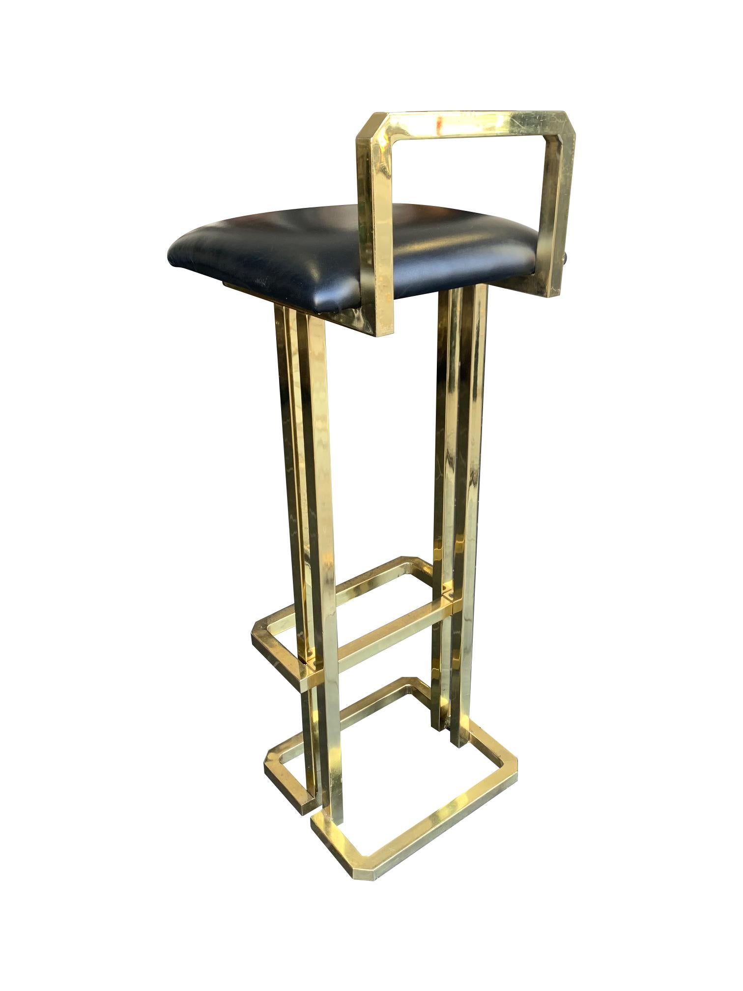 Set of 3 Maison Jansen Style Gilt Metal Stools with Black Leather Seat Pads For Sale 1