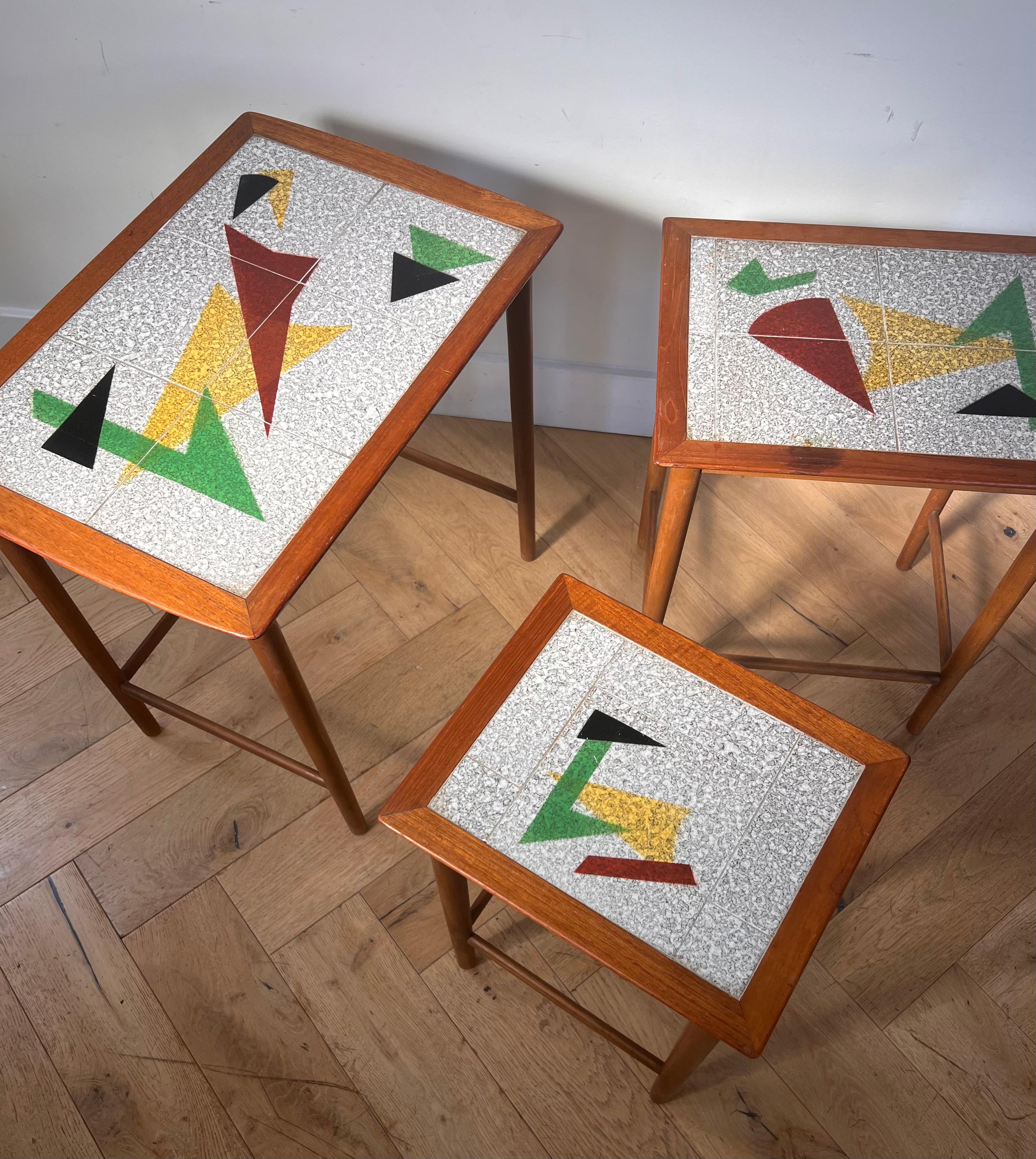Set of 3 MCM Danish Teak and Tile Inlay Nesting Tables, 1960s 13