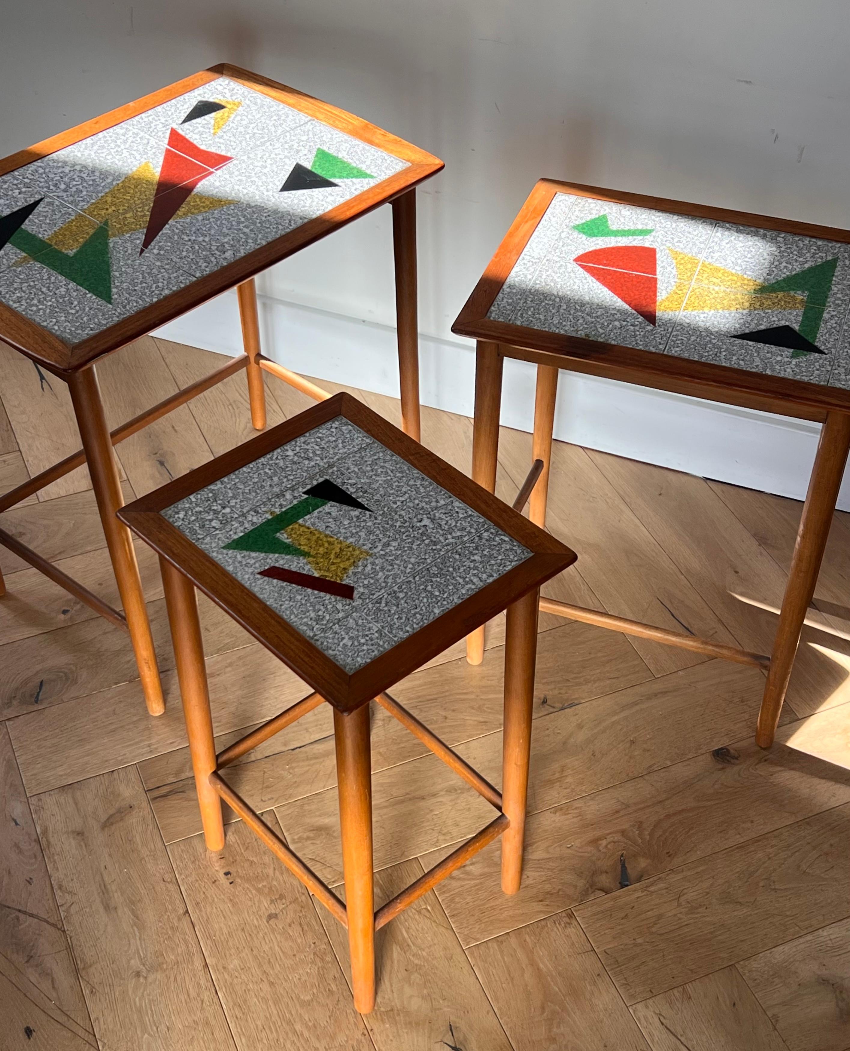 Mid-Century Modern Set of 3 MCM Danish Teak and Tile Inlay Nesting Tables, 1960s