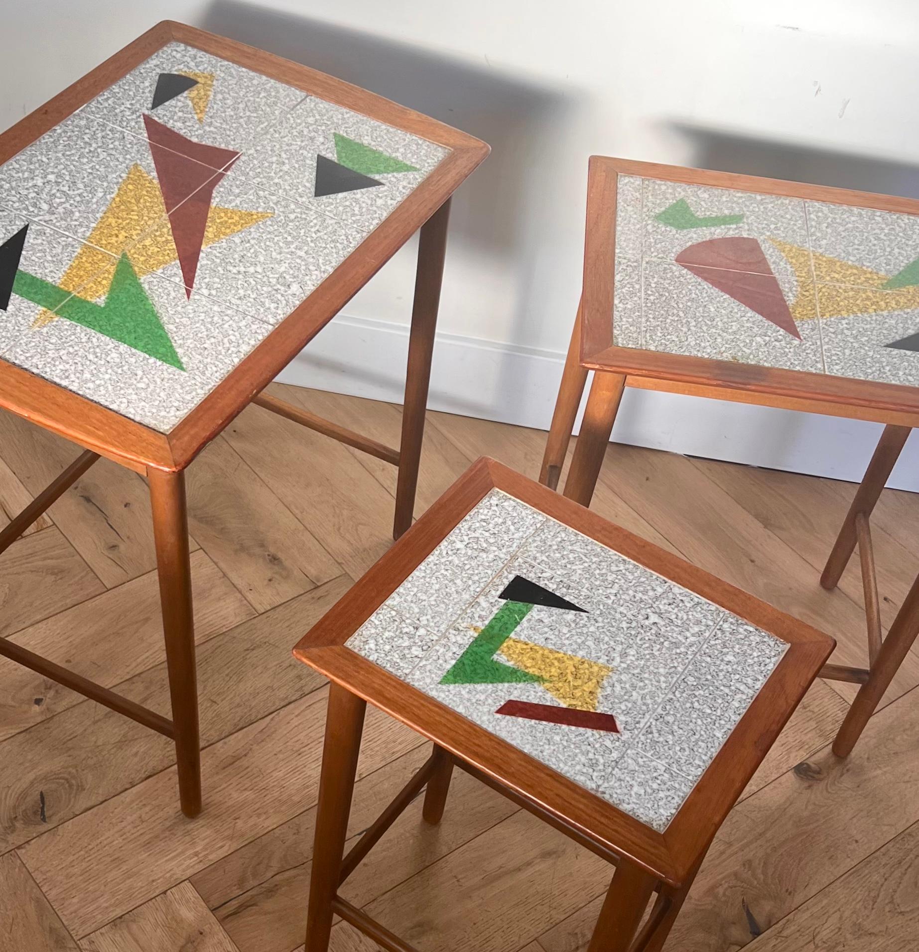 Set of 3 MCM Danish Teak and Tile Inlay Nesting Tables, 1960s In Good Condition In View Park, CA