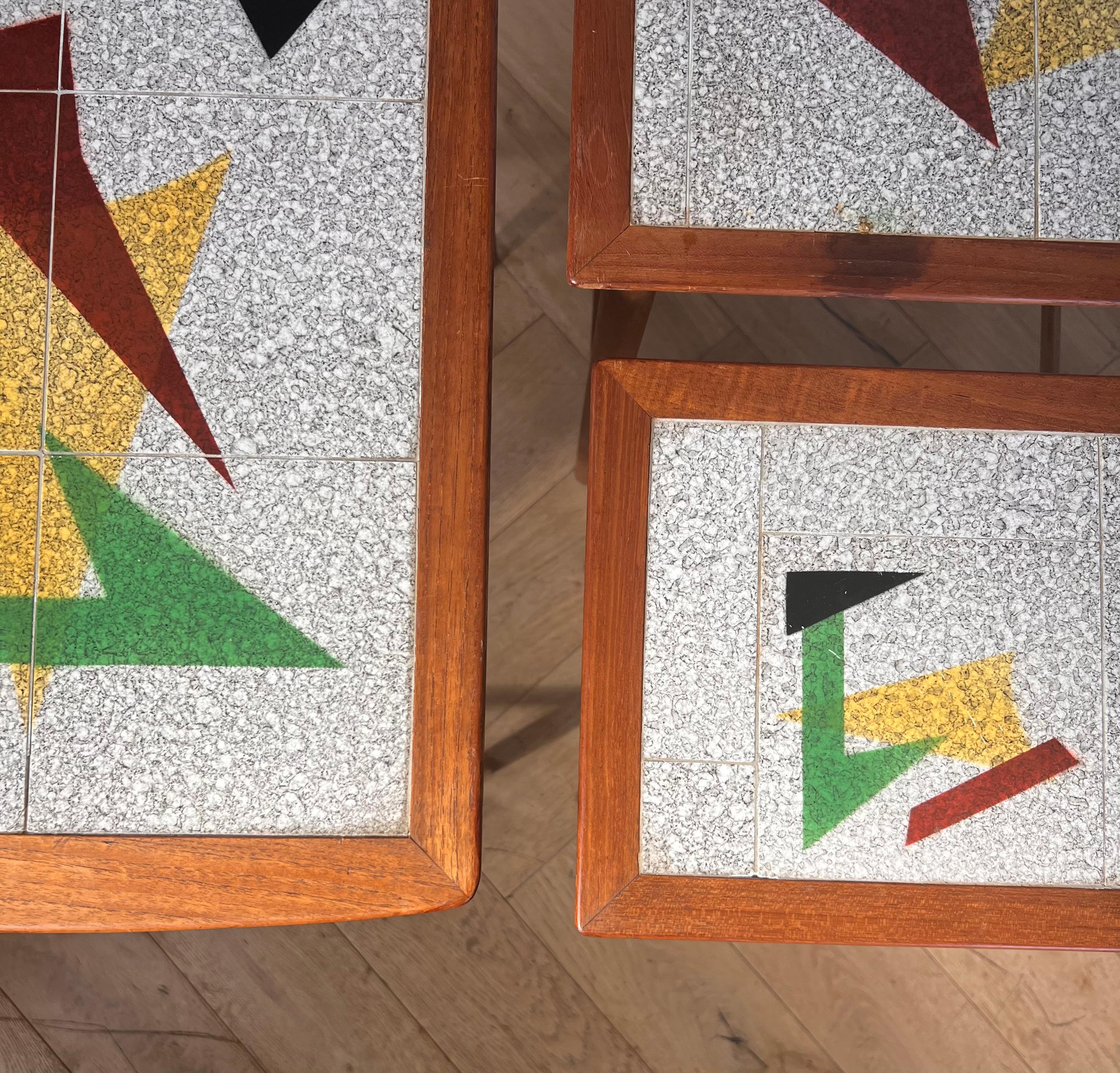 Ceramic Set of 3 MCM Danish Teak and Tile Inlay Nesting Tables, 1960s
