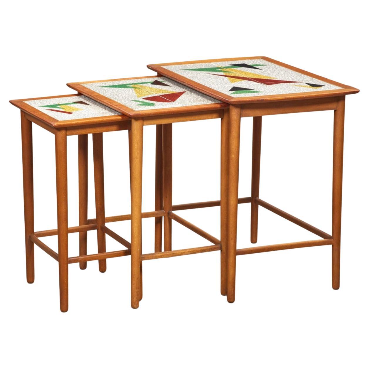 Set of 3 MCM Danish Teak and Tile Inlay Nesting Tables, 1960s