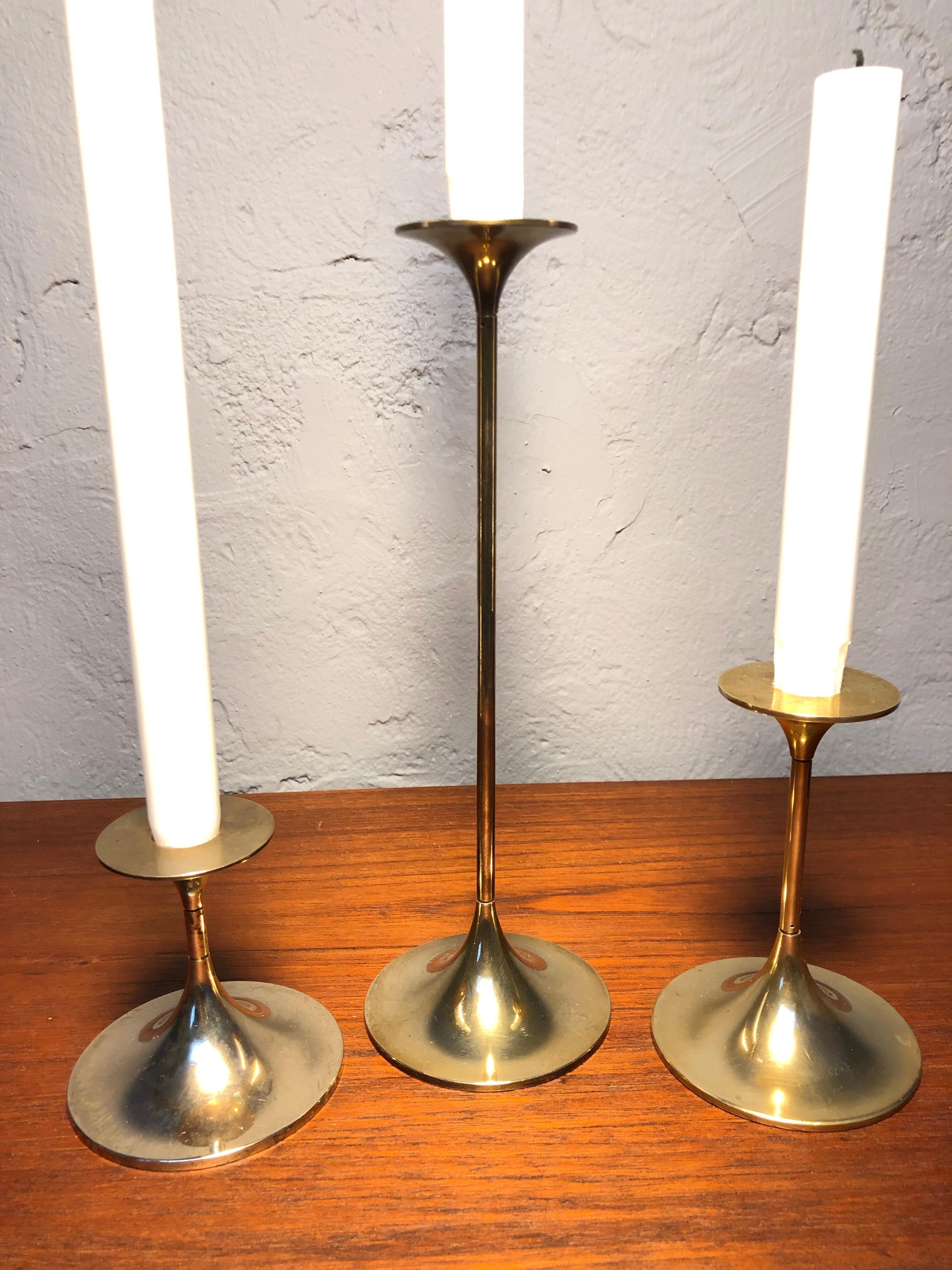 Hand-Crafted Set of 3 Mid-Century Moder Brass Candle Holders by Torben Ørskov of Copenhagen