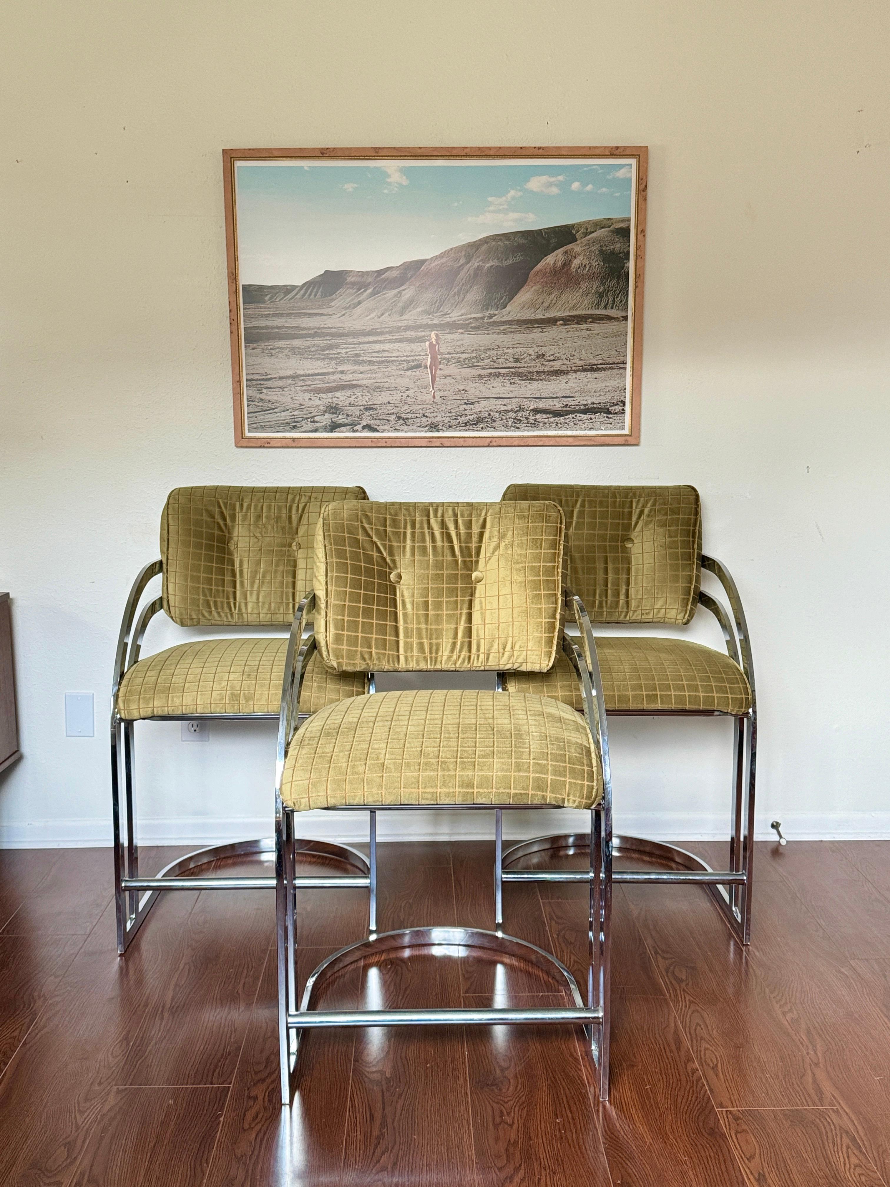 Unknown A set of 3 mid century modern counter stools in style of Milo Baughman, 1970s