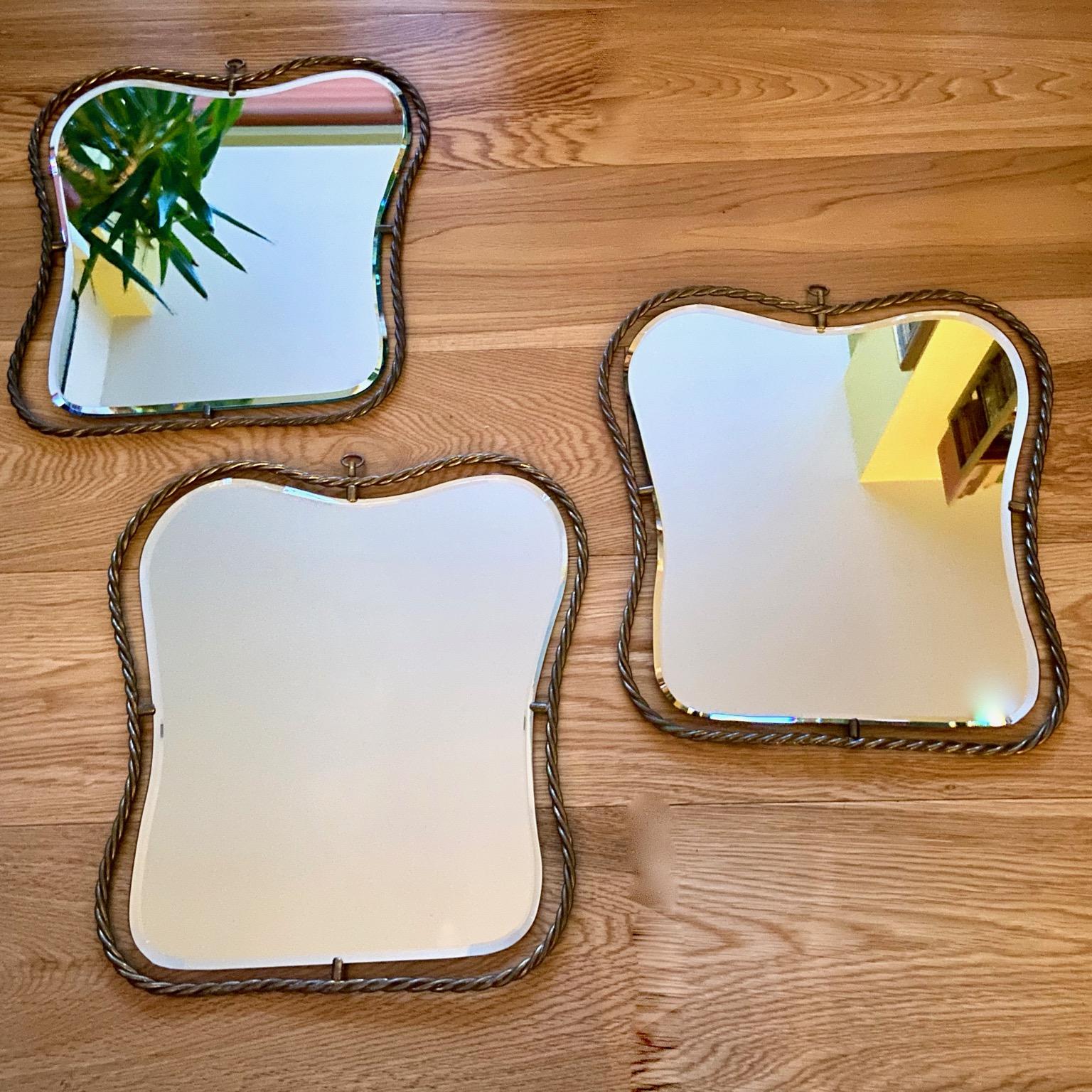 Set of 3 Midcentury Vintage Italian Brass Mirrors, circa 1950s 2