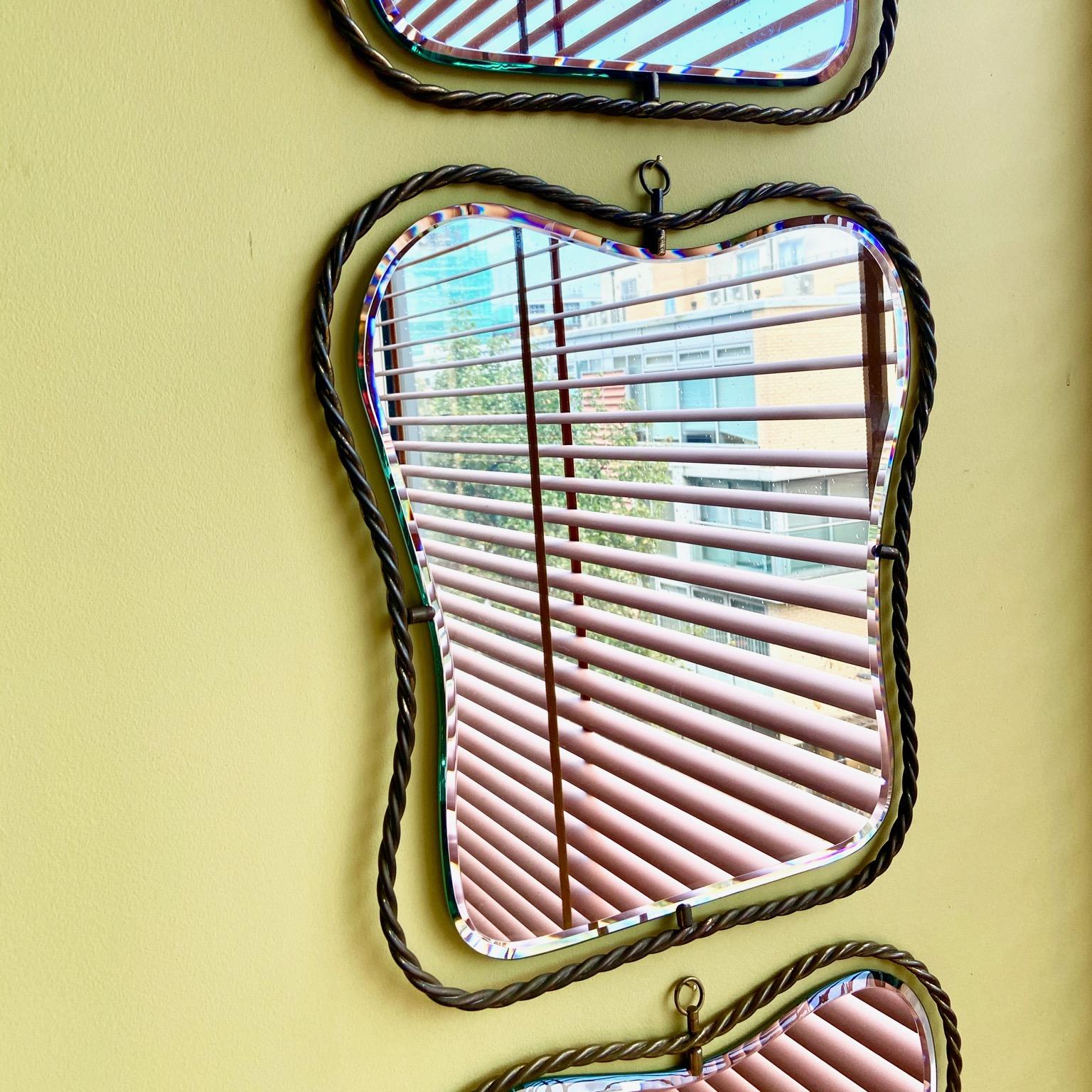 Set of 3 Midcentury Vintage Italian Brass Mirrors, circa 1950s 4