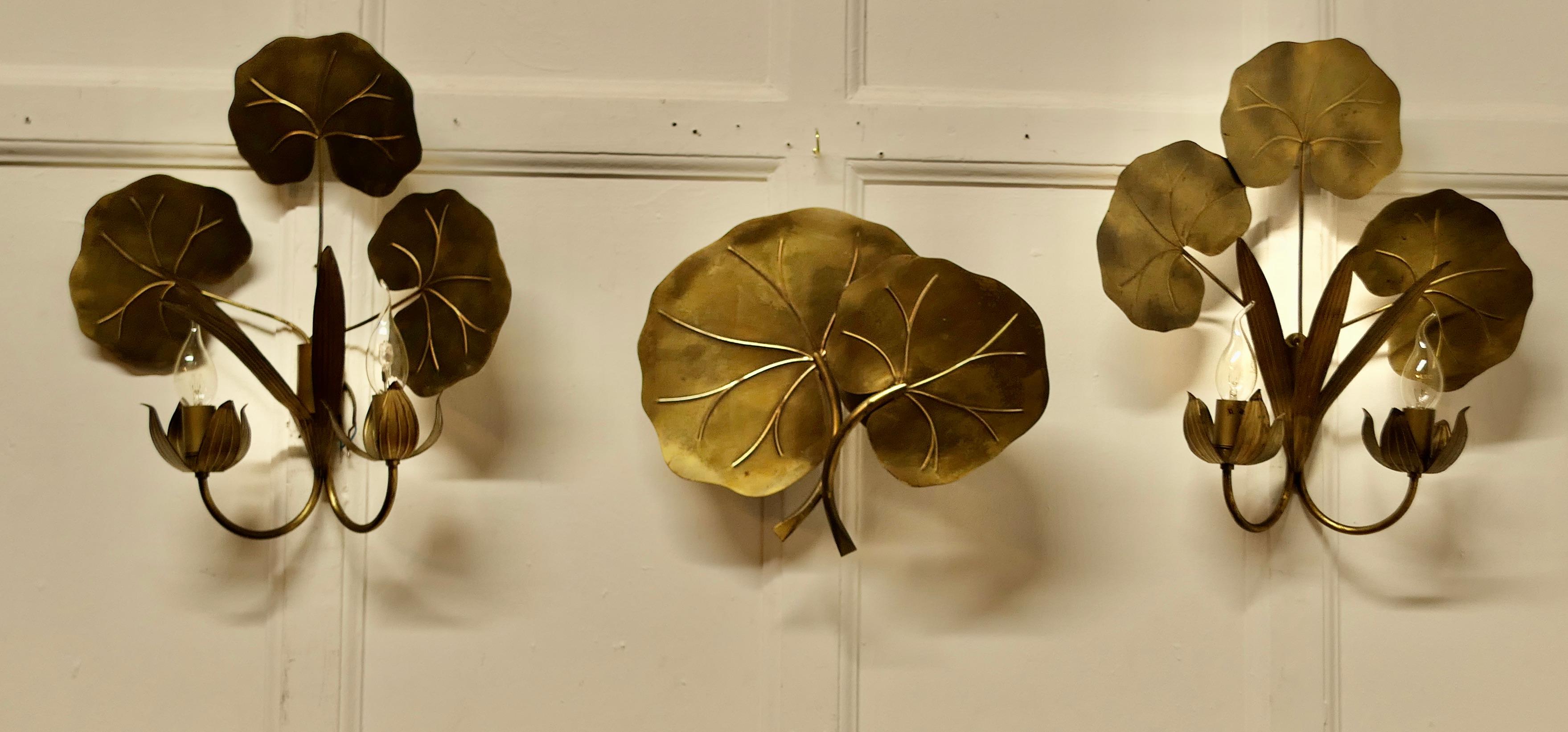 A Set of 3 French Gilded Brass Wall Lights

These are a very pretty set of wall lights, they are in the form of water Lilly leaves
The lights are all working and will need to be installed by an electrician
The largest light is 17” high, 15” across