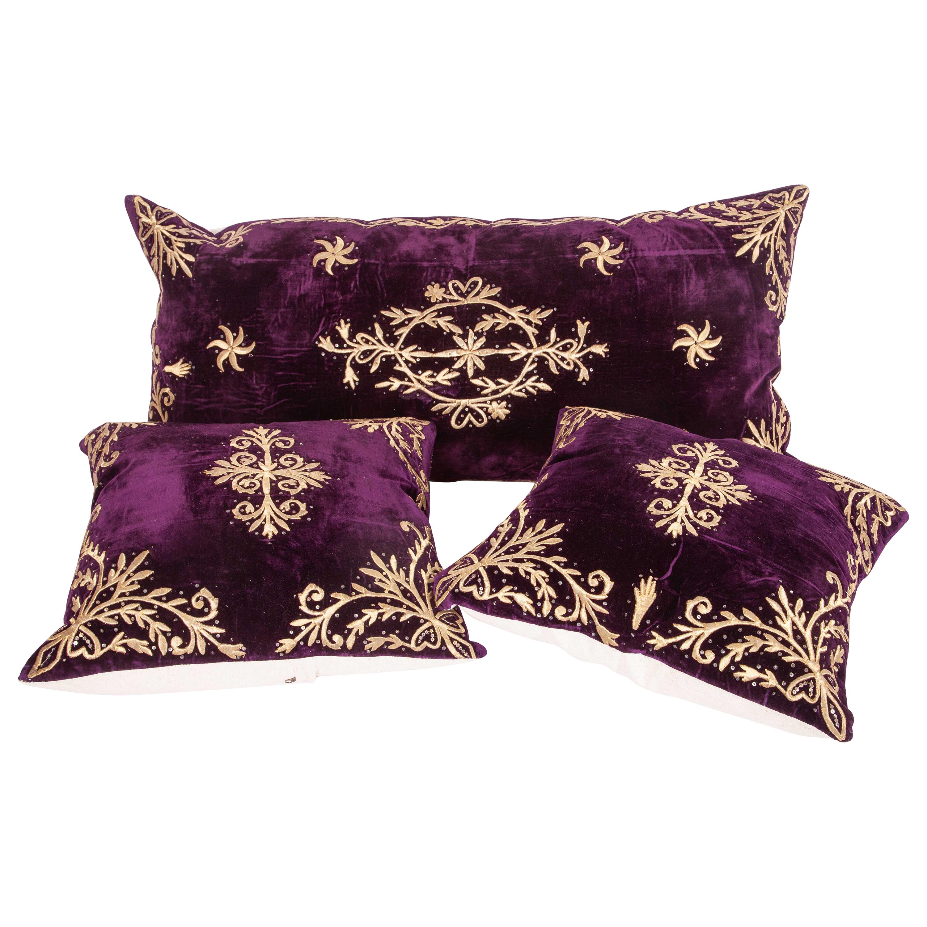Set of 3 Ottoman / Turkish Silk Velvet Sarma Technique Pillow Cases