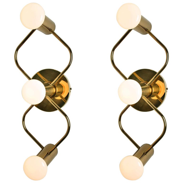 Set of 3 Sculptural Brass Wall Lights/ Flush Mounts by Leola, 1970s For