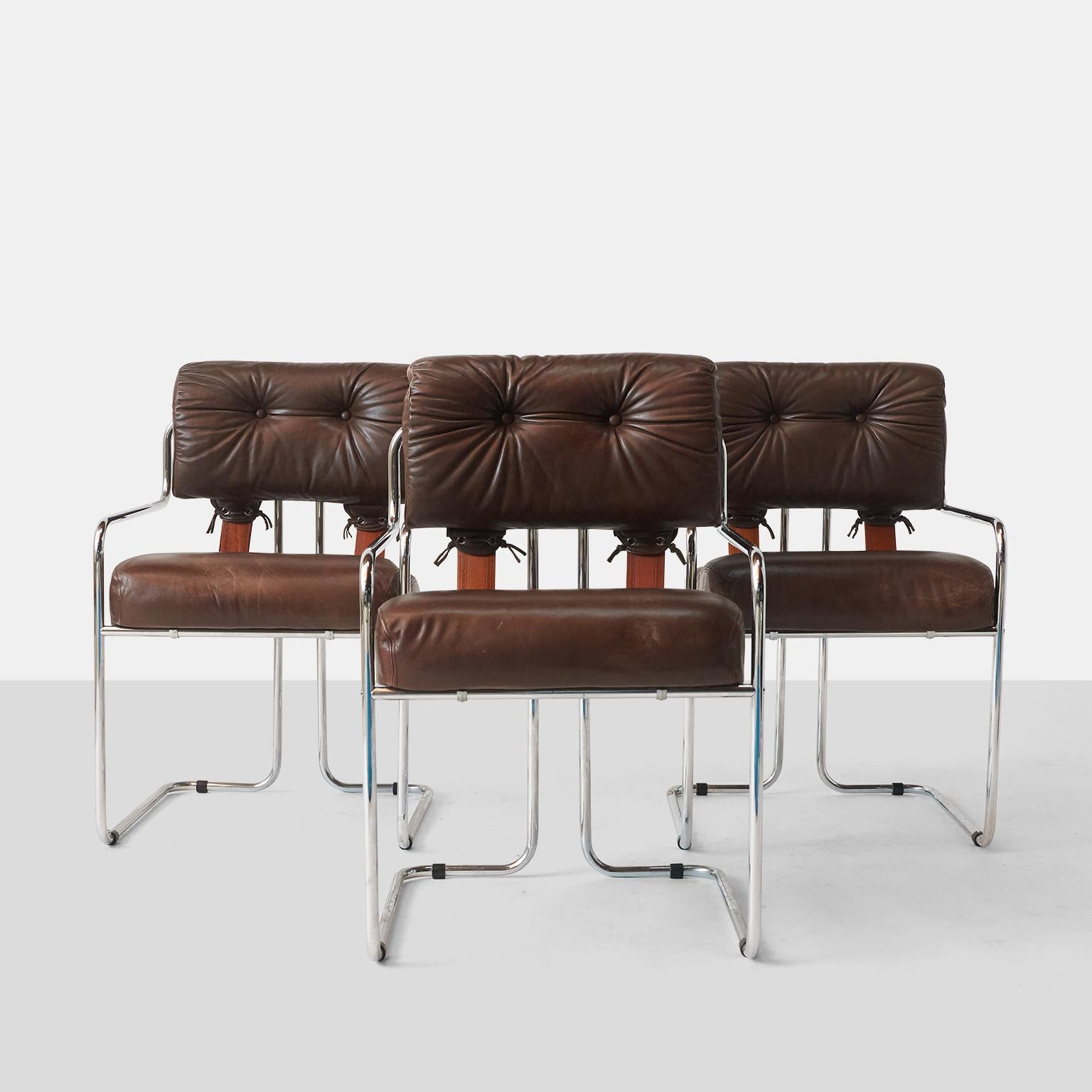 An original vintage set of three chrome framed chairs with deep brown soft leather cushions. The chairs were designed by Guido Faleschini in 1975 for the Pace Collection.
Provenance: The Estate of Nancy Buncher.
Other Vintage in Other Colors