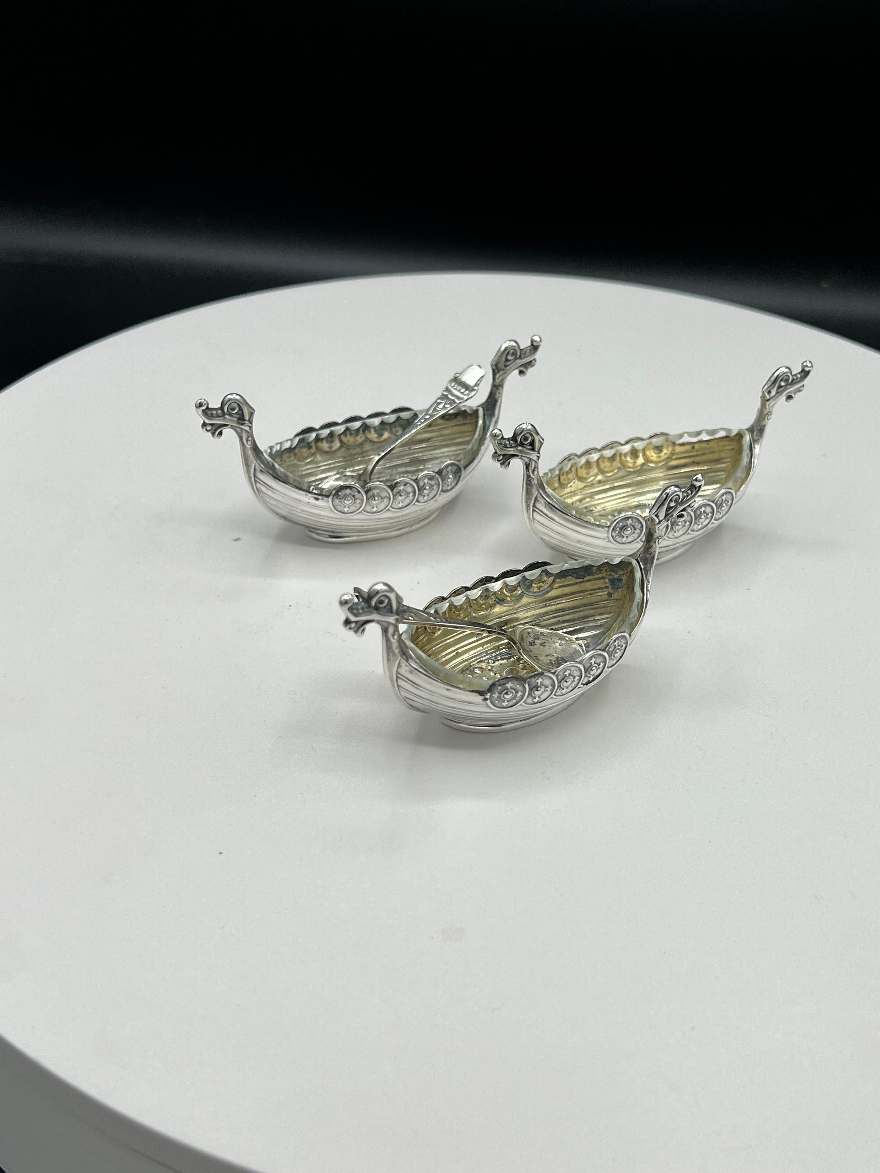Set of 3 Viking Ship Silver Salts, 2 Spoon 3 Cut Glass Inserts 2