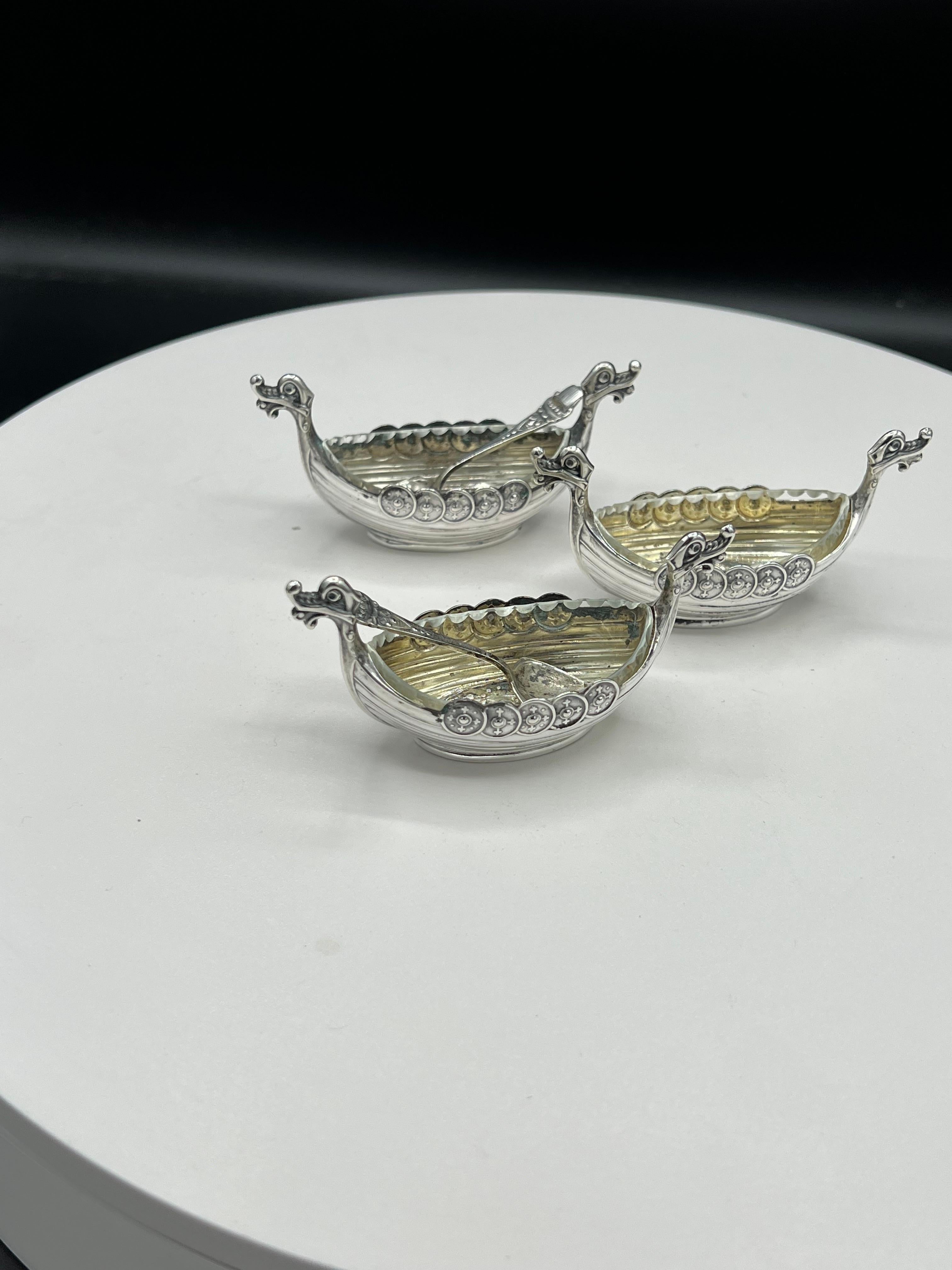 Set of 3 Viking Ship Silver Salts, 2 Spoon 3 Cut Glass Inserts 3