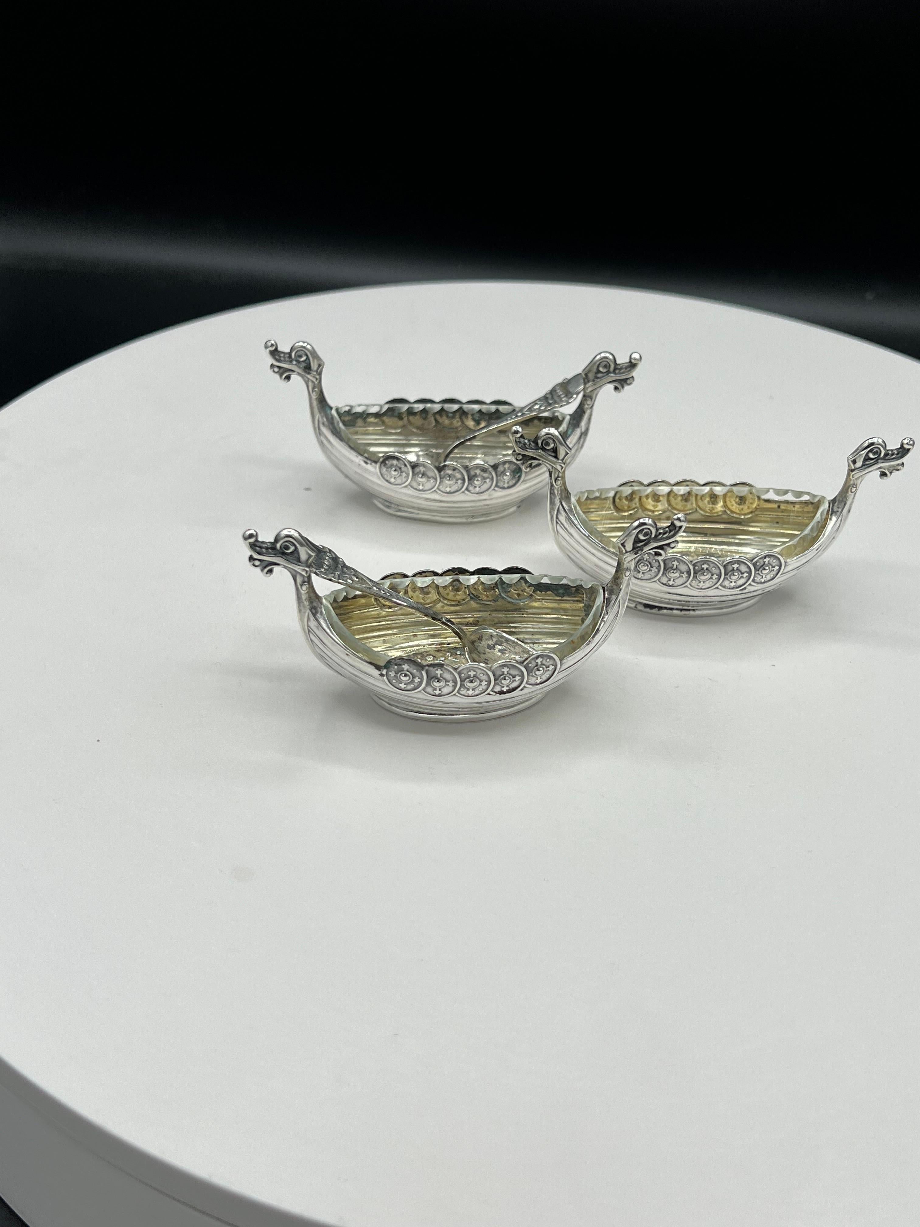 Set of 3 Viking Ship Silver Salts, 2 Spoon 3 Cut Glass Inserts 4